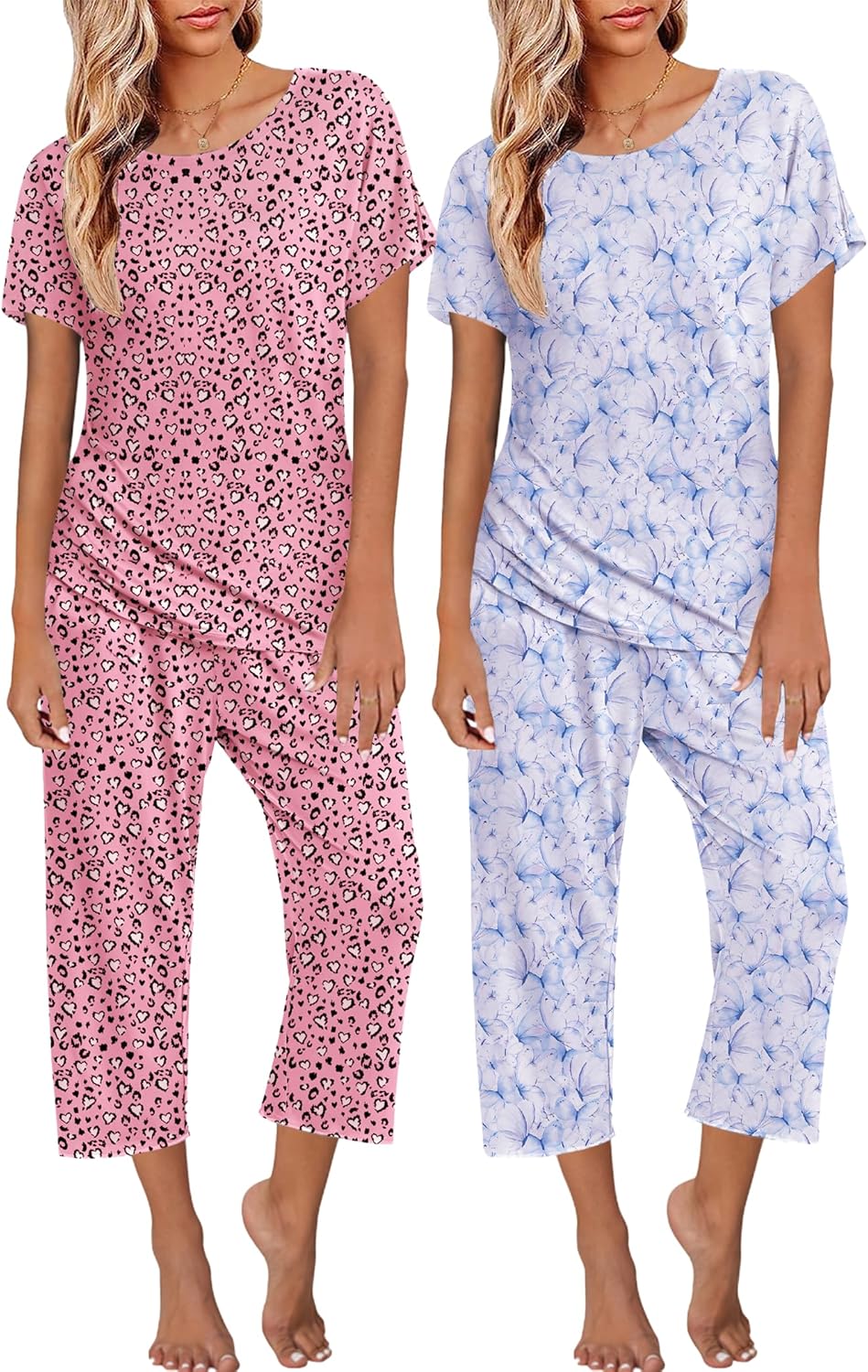 Ekouaer 2 Pack: Womens Pajamas Short Sleeve Sleepwear Tops and Capri Pants Pjs Print Pajama Sets