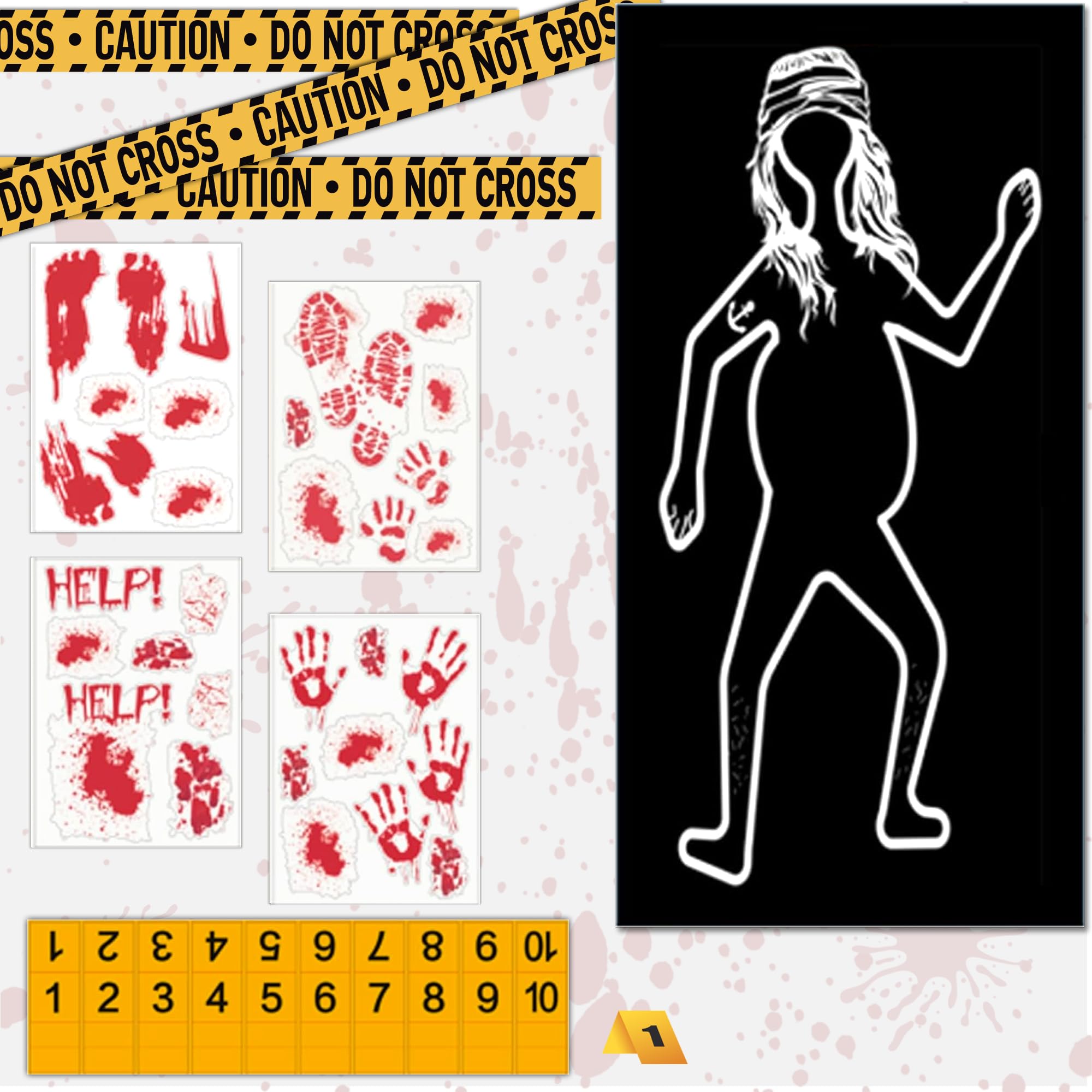 16 Pieces Halloween Crime Scene Kit with Bloody Handprints, Chalk Outline, Evidence Markers, Murder Scene Tape, Mystery Dinner Party Game, Multiple Bloody Stickers