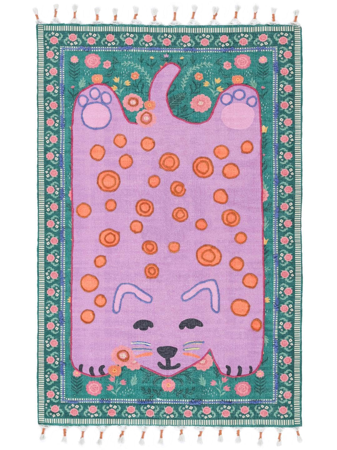 RugVista Lo Cat Embroidery Tapis pour Enfants, 120 x 180 cm, Rose/Multi | Modernes, Enfants, Rectangulaire, Poil ras, Nettoyage à sec seulement, Sans produits chimiques dangereux, Chambre d'enfant