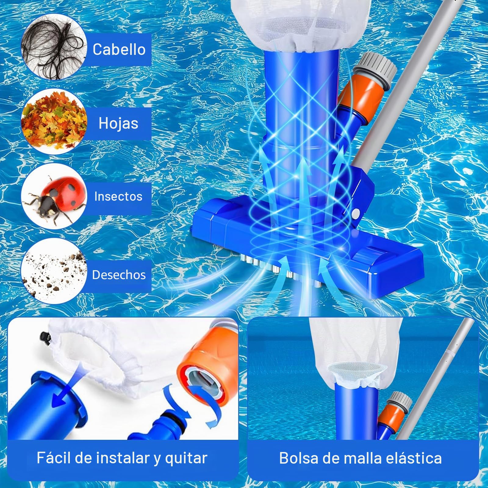 Kit Limpiador de Piscinas Manual, Aspiradora de Fondo de Piscina Portátil, Piscina Limpieza, Limpiador de Piscinas Limpiadores para Piscinas, Fuentes, Bañeras