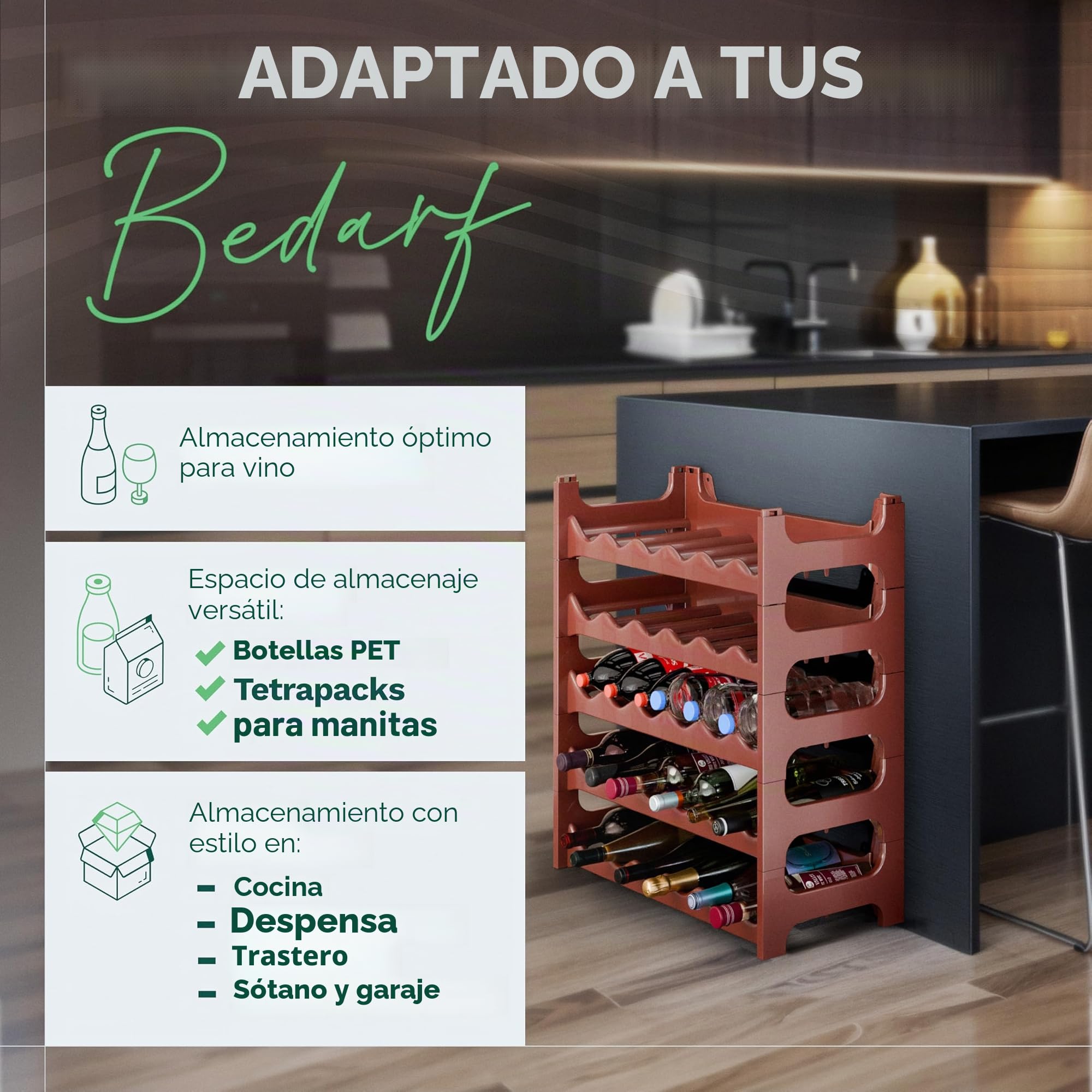 Novaliv Botellero para 36 botellas, estantería marrón, de plástico resistente, apilable (marrón, 6)