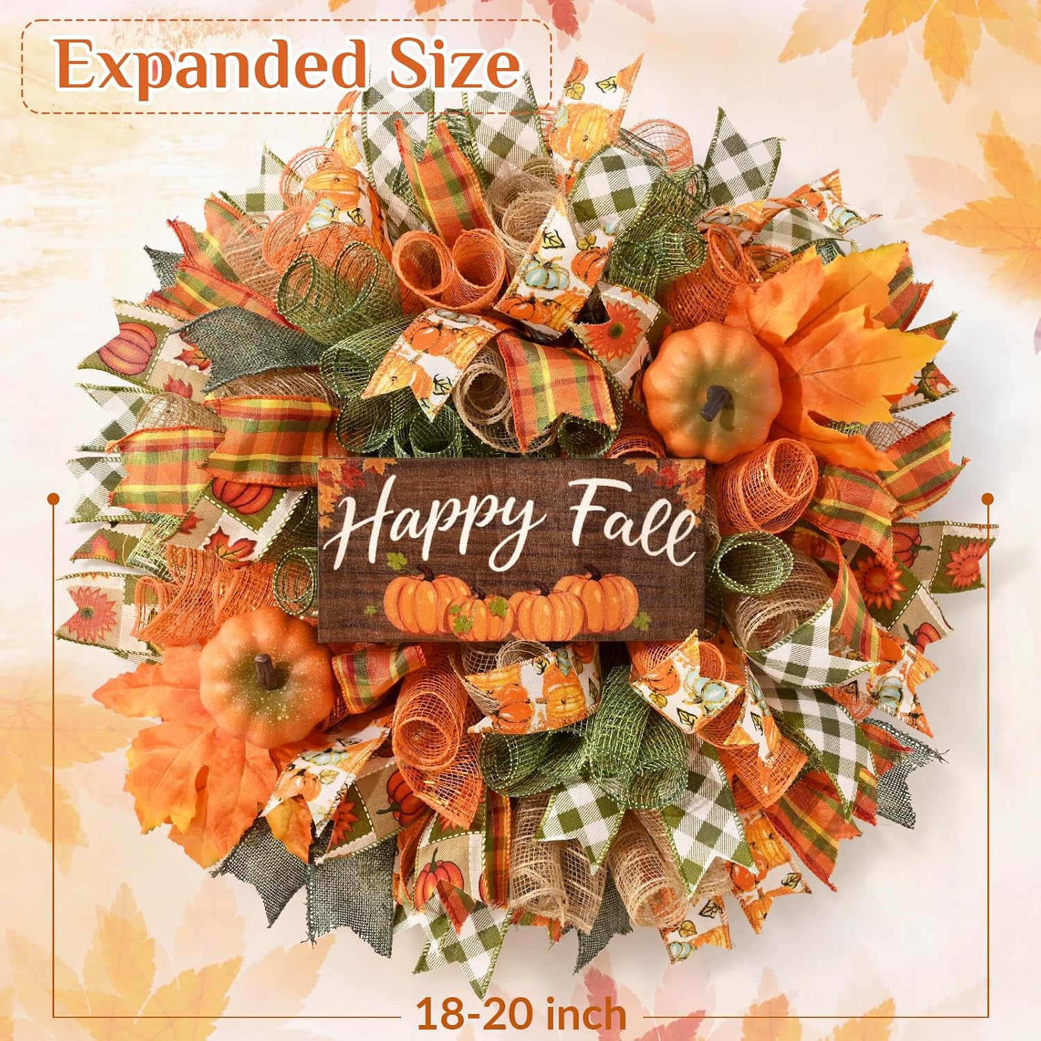 Fall Decor, Fall Wreaths for Front Door, 20" Wreath Mesh Bow with Wood Sign | Handmade, Front Door, Table, Window, Wall, Thanksgiving Halloween Decorations, Autumn Indoor Outdoor Decor, Farmhouse Style