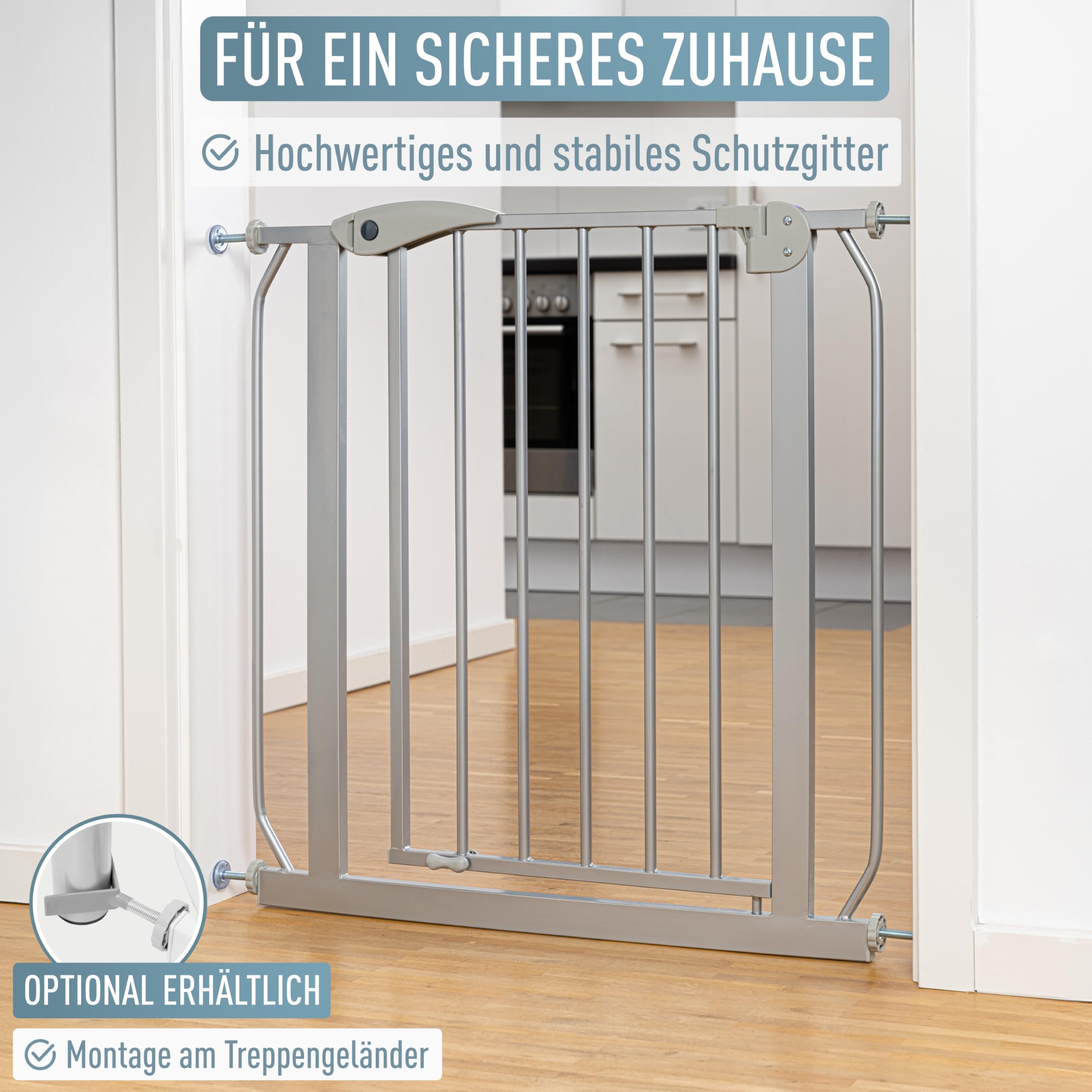 ib style Türschutzgitter Berrin 75-175 cm, Treppenschutzgitter für Babys,Ohne Bohren, Tür Schutzgitter, Haustiergitter, Grau, 75-85 cm