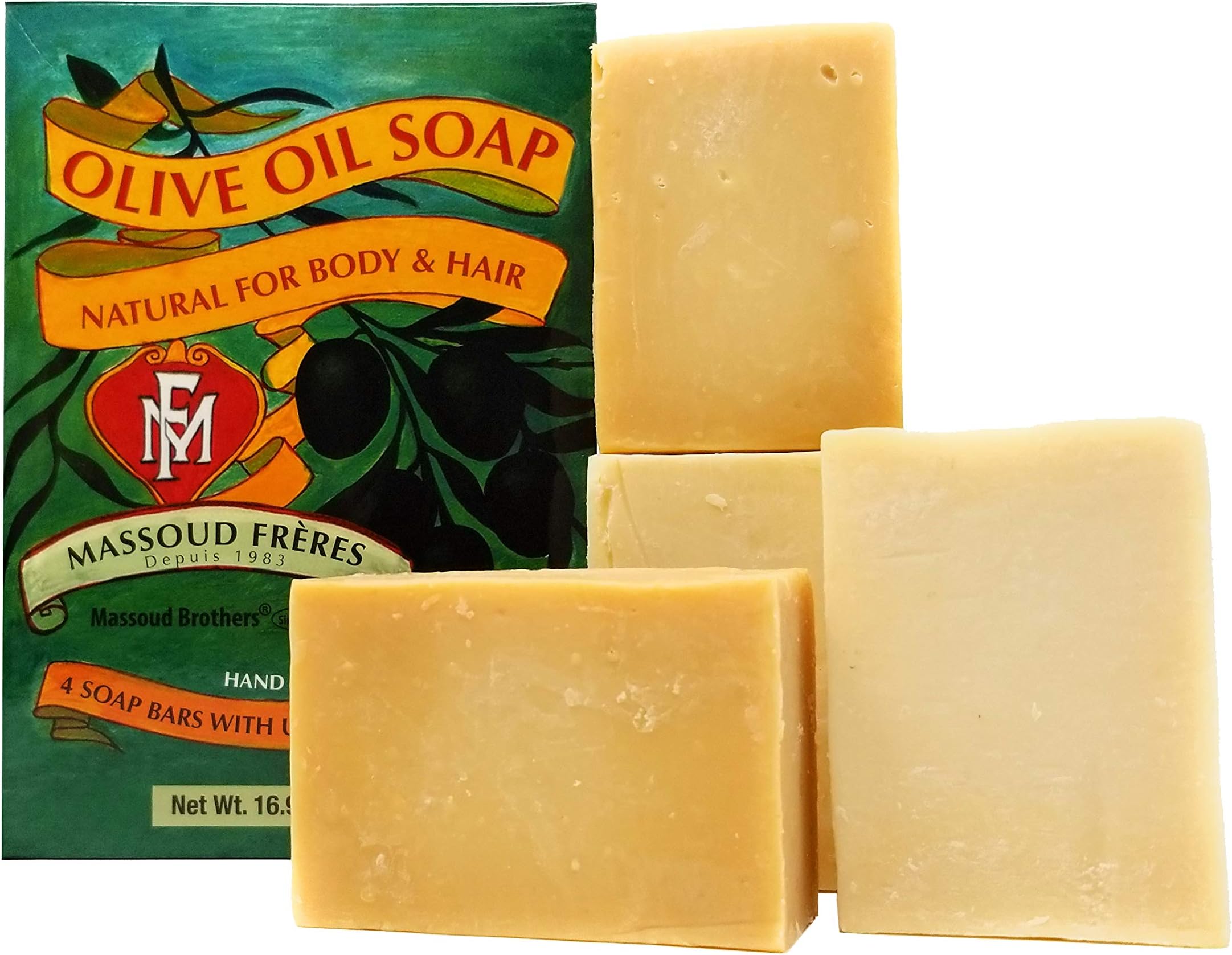 Olive Oil soap for Body and Hair, Four Hand Made Scented Lavender Bars Per 16.93 Ounce Box, by Massoud Feres, Imported from Lebanon, Vegan
