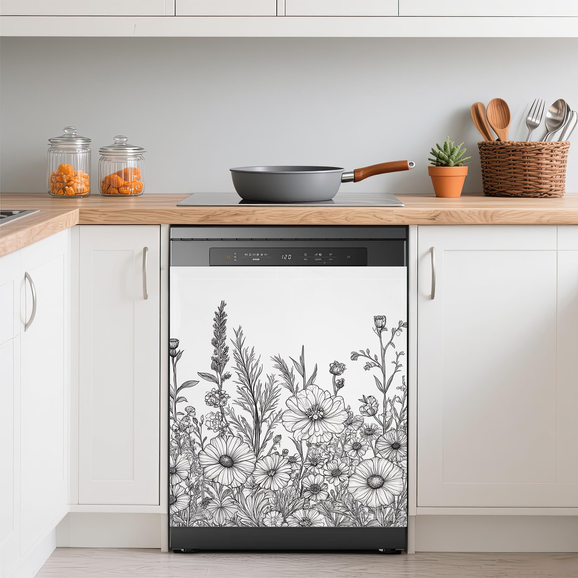 Dishwasher Cover,Black and White Wildflower Reusable Dishwasher Magnet Cover,Decorative Modern Minimalistic Line Drawings Magnetic Refrigerator Cover Front Panel Cover for Kitchen Decor 23x26 Inch