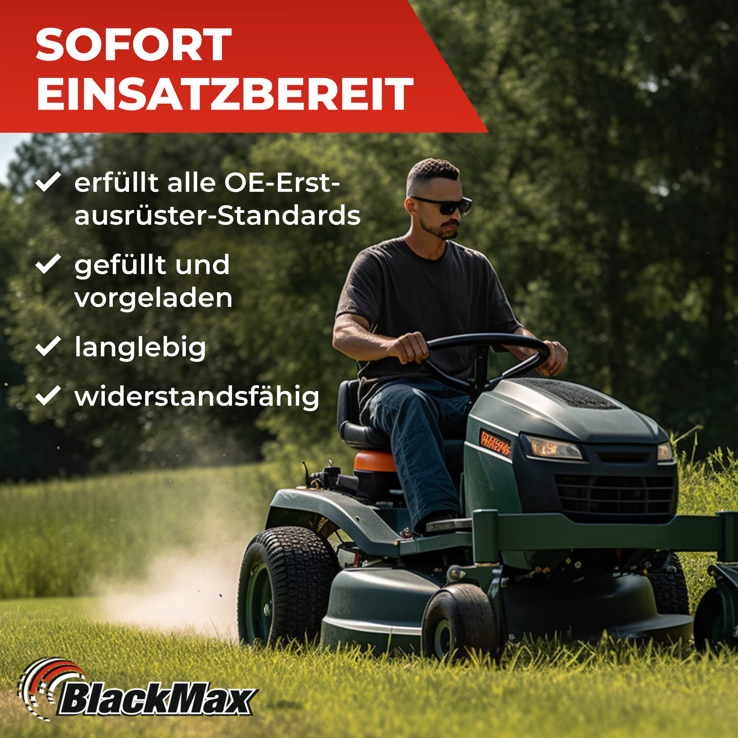 BlackMax Rasentraktor Batterie 12V 35Ah 350A Pluspol Links AGM-Technologie | U1-9 +30% (12 Volt) für Aufsitzmäher und Rasenmäher-Traktoren, wartungsfrei & wiederaufladbar statt 30Ah 32Ah