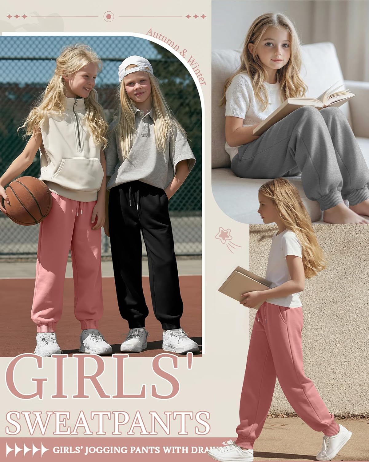 3 Pack Girls Sweatpants Joggers Baggy Lightweight Athletic Running Drawstring Pants for Teen with Pocket Size 5-16