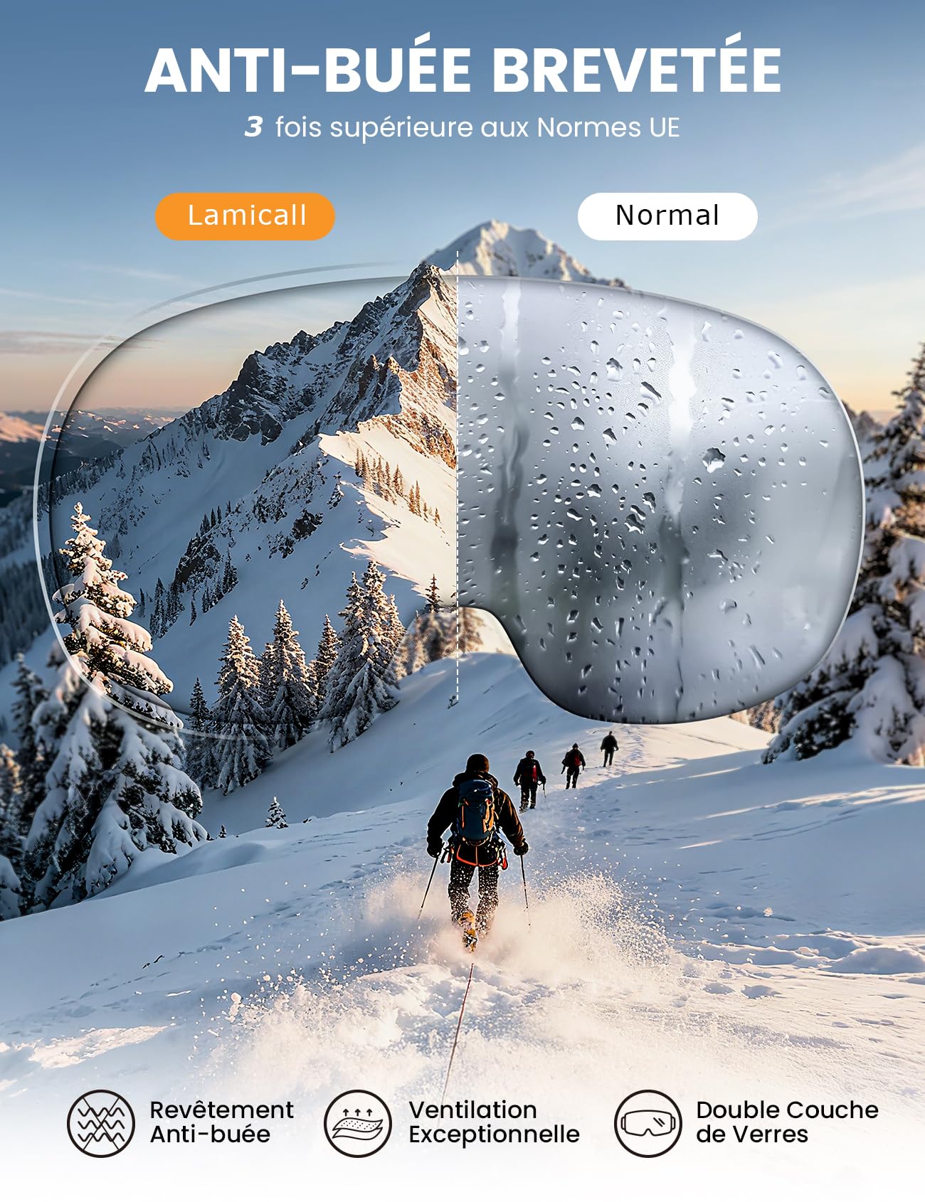 Lamicall Lunettes de Ski Homme, Masque Ski OTG - [Ultra HD Verre Sphérique & Anti-Buée Breveté] Lunettes de Snowboard, UV400 Protection, Vision Plus Large, Ski Goggles Femme pour Sports Hiver