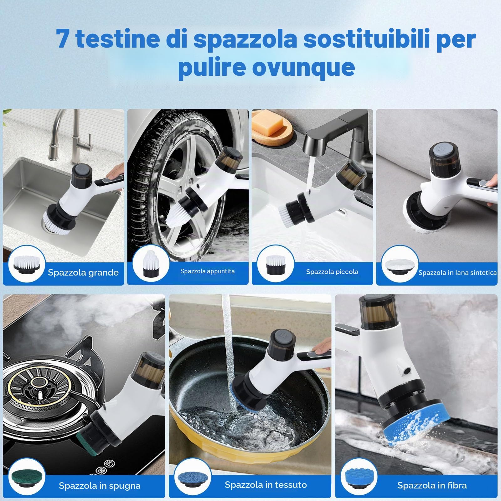OTraki Spazzola Elettrica Rotante con 7 Teste di Spazzola, Spazzola Rotante Pulizia Elettronica con Maniglia Regolabile, 2 Velocità Spazzola Rotante Pulizia Casa Protezione IPX7 per Bagno, Auto, Ecc
