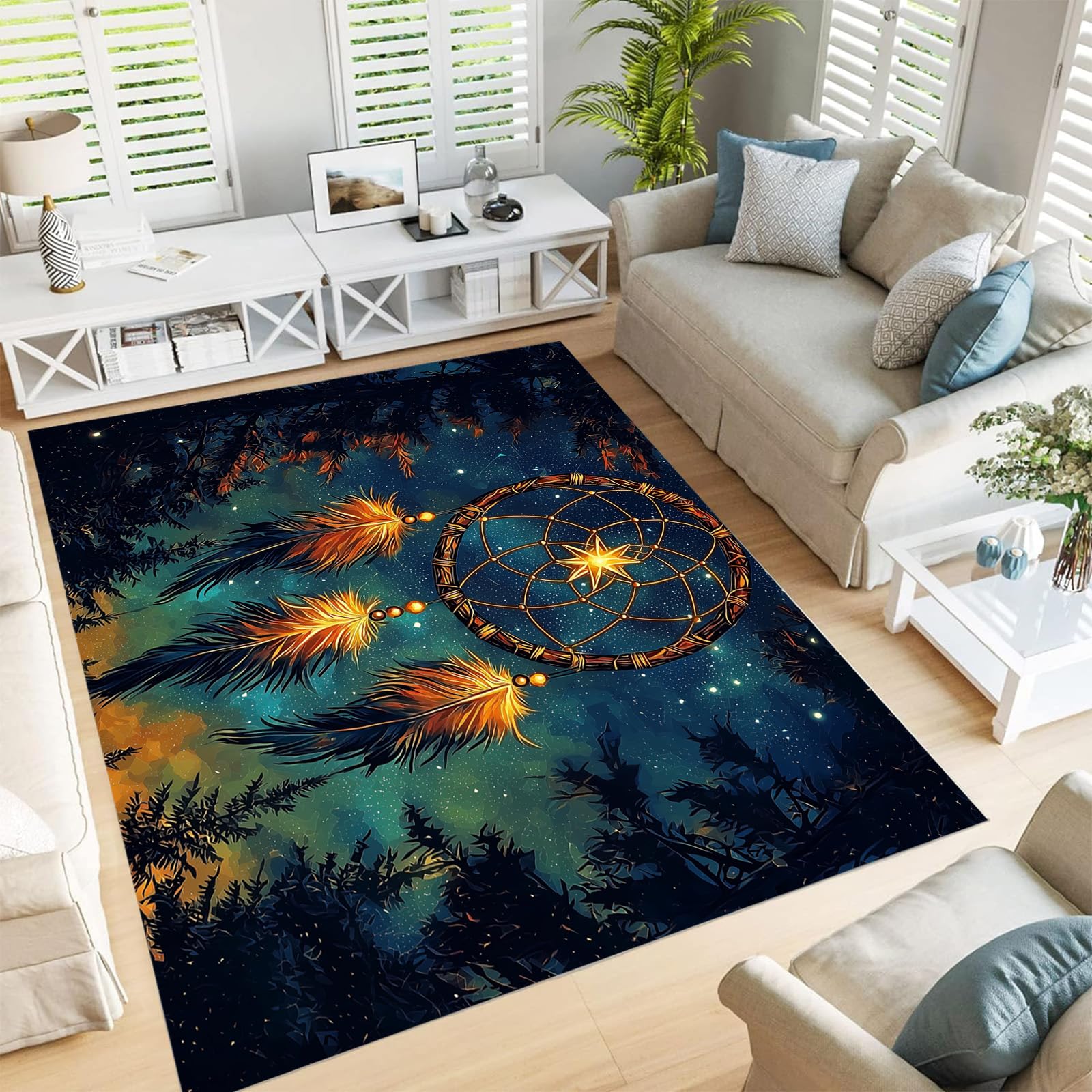 Tapis de salon lavable attrape-rêves bleu nuit pour sol glissant