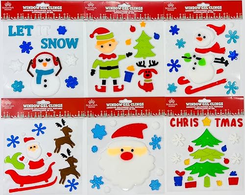 Calcomanías de gel de Navidad para ventanas y espejos, 6 hojas de diseños de invierno trineo de Papá Noel, elfo, muñecos de nieve y mucho más