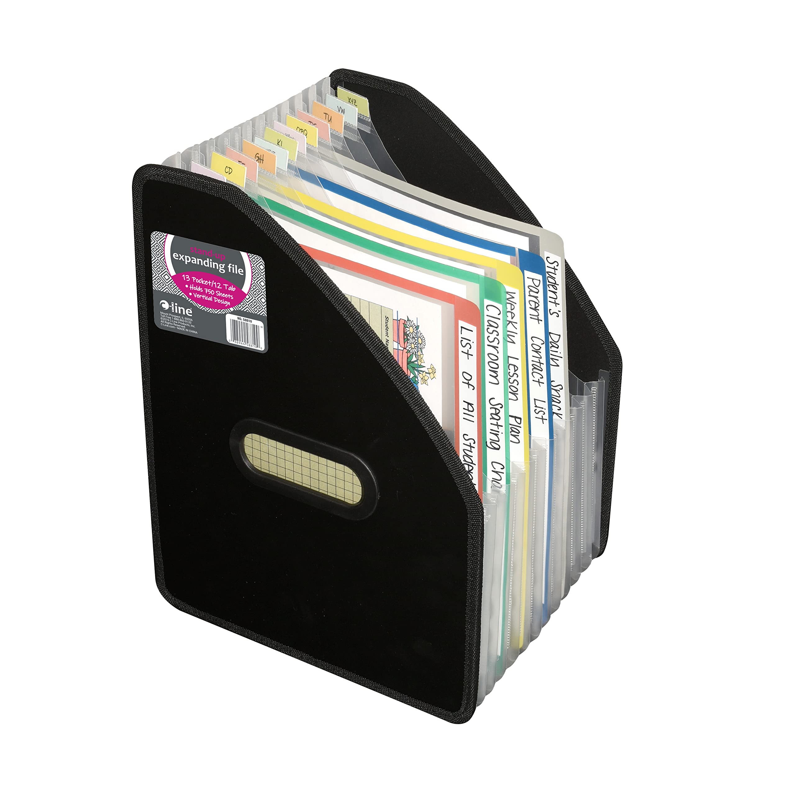 C-Line 58810 - Raccoglitore espandibile verticale a 13 tasche, colore: nero, 12,75 x 10,25 x 75 cm