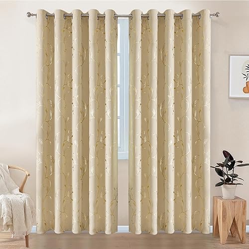Miniatura 2 de BUHUA Cortinas opacas con estampado de hojas doradas, cortinas con ojales de vid de flores, cortinas para oscurecer la habitación, cortinas con