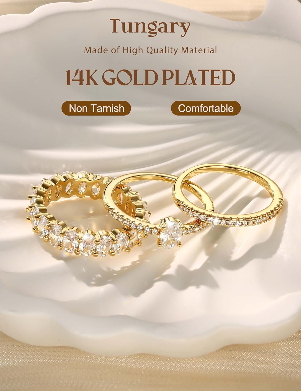 Tungary 14K Gold Plated Stackable Rings for Women Non Tarnish - Dainty Wedding Bands Gold Ring Stack Set Trendy Minimalist Cubic Zirconia Statement Engagement Promise Thumb Stacking Rings Size 5-10 - Image 3