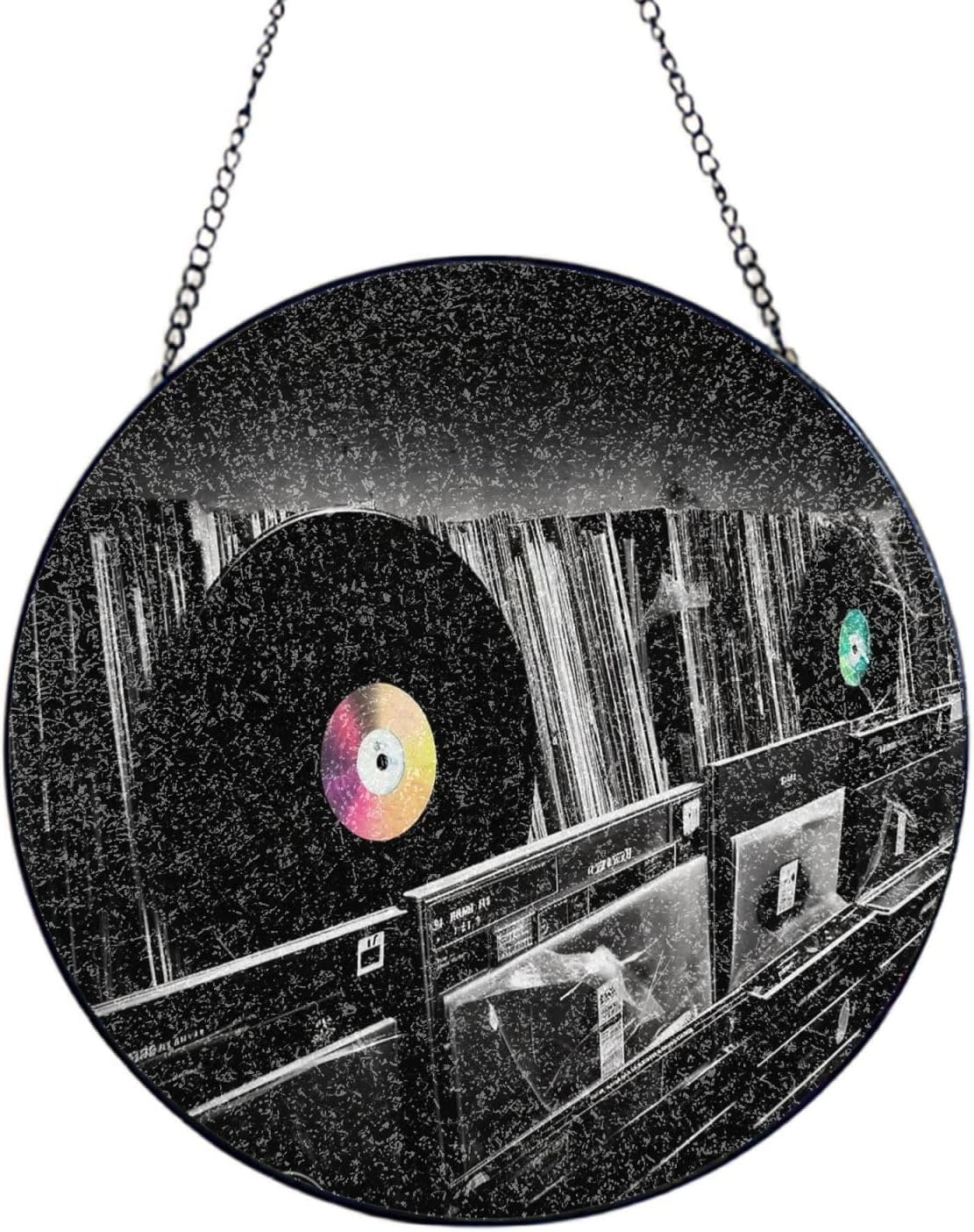 Stained Glass Window Hanging 6in（15cm）, Vinyl Records Glass Suncatcher for Home Decor, Indoor Wall Art Glass Panel with Metal Chain and Hooks, Sun Catcher Ornament Birthday Gifts