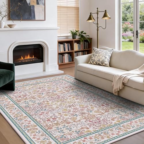 Amada Floral Washable Area Rug,5'x7',Light Pink