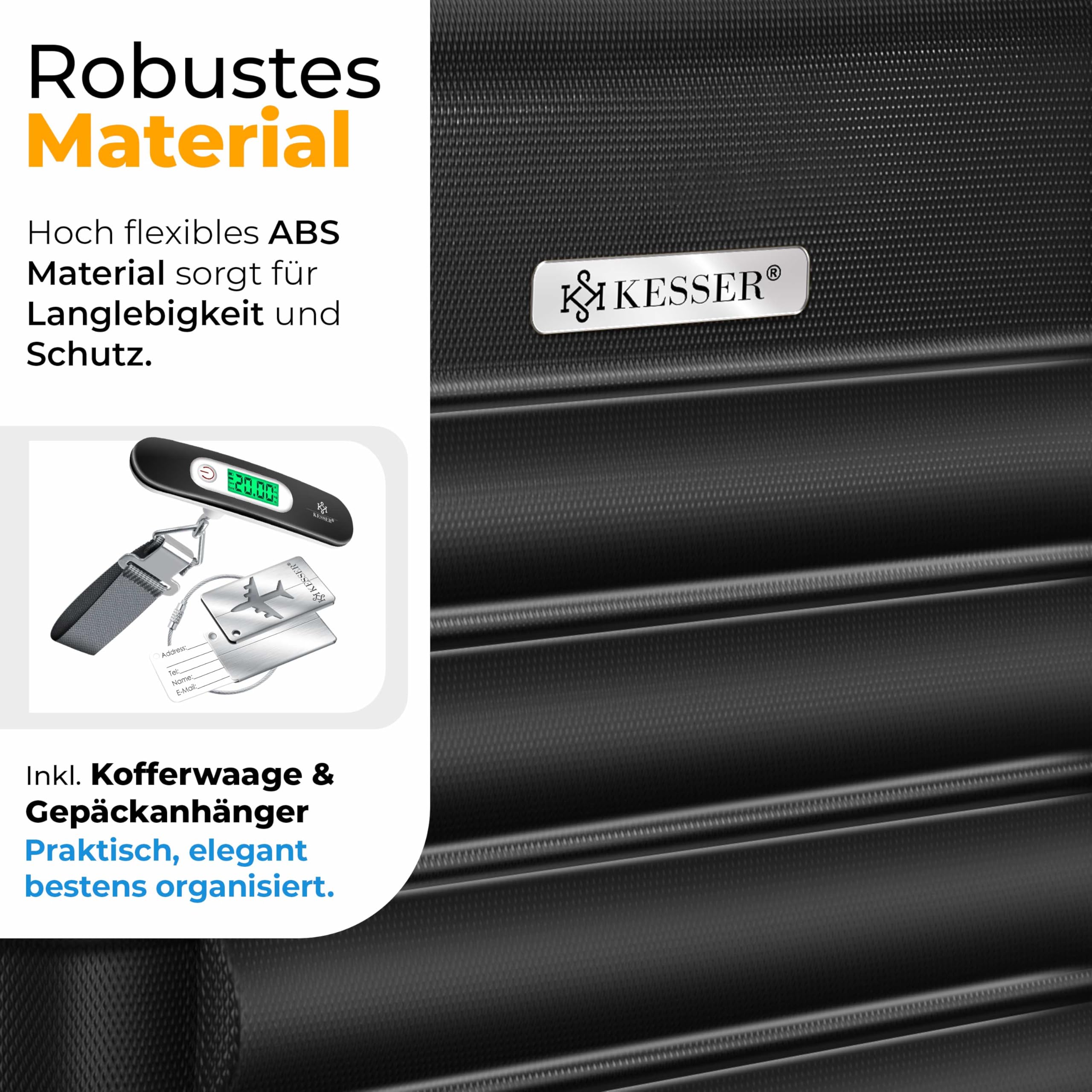 KESSER® Set de 4 valises à Coque Dure, Valise à Coque Dure, Trolley Valise INCL. Balance de Valise + étiquette de Bagage Valise à roulettes, Serrure, 4 roulettes ABS-Coque Dure, S-M-L-XL
