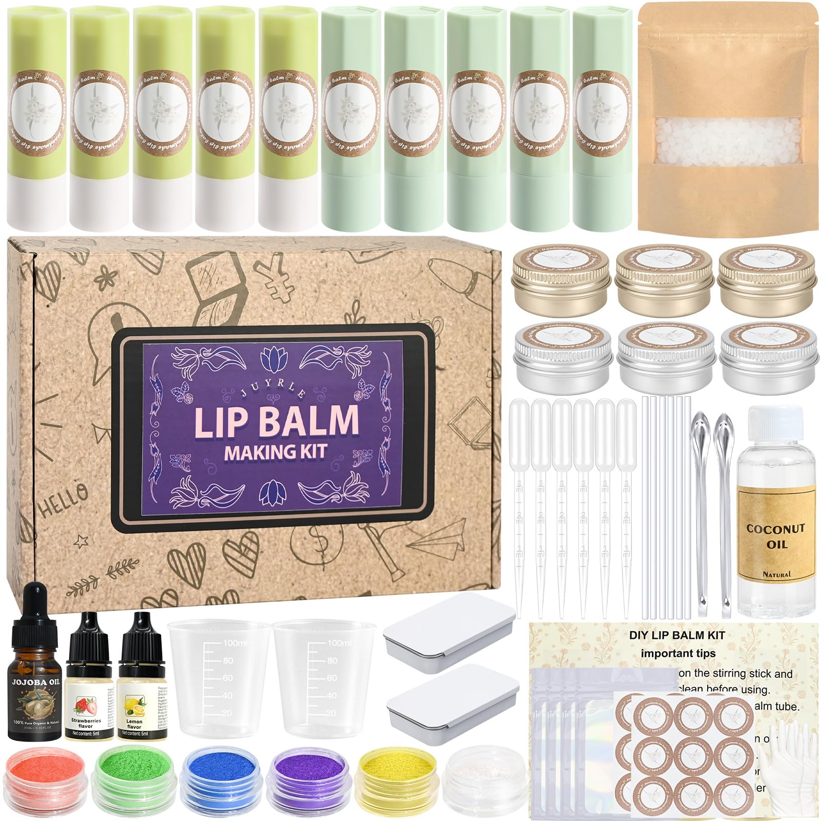 Brillo de labios para hacer tú mismo, aceite de coco JUYRLE bálsamo labial DIY set cosmético | Kit de maquillaje hidratante para niñas, cuidado de labios y pintalabios, regalo simple para adultos para mujeres y mujeres