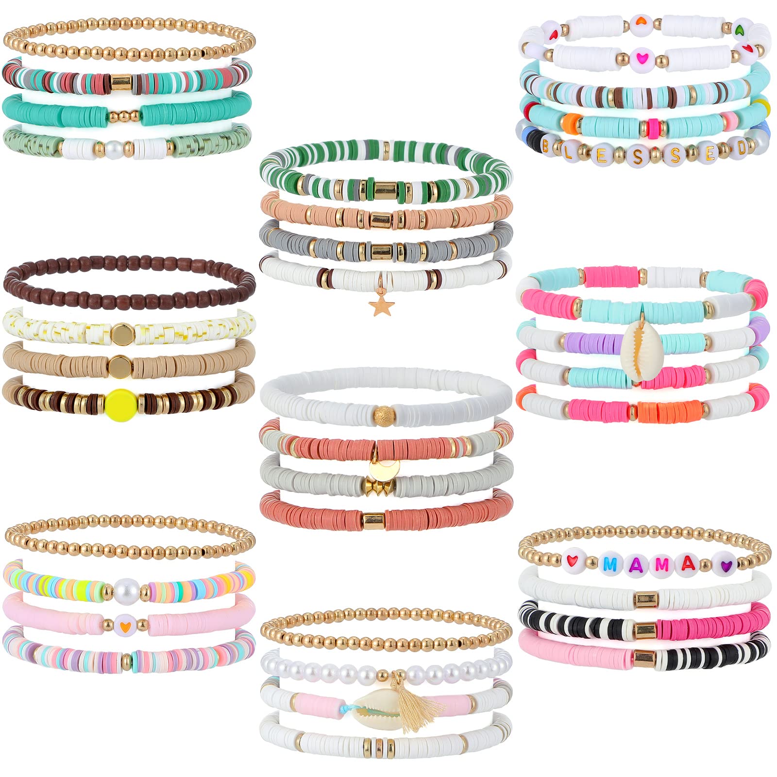 Jadive36 Pcs Heishi Clay Bead Bracelet Stackable Stretch Women Jewelry Bracelets Y2k Bracelets Colorful Beaded Bracelets for Women Boho Aesthetic Surfer Beach Preppy Bracelet