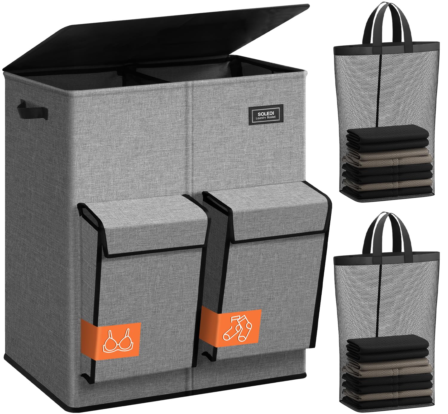 SOLEDI 180L Wäschekorb mit Deckel, Wäschesammler 2 Fächer mit 2 Seitentaschen, Laundr Baskets mit 2 Wäschesack, Wäschesortierer Groß XXXL für Badezimmer, Schlafzimmer, Waschküche