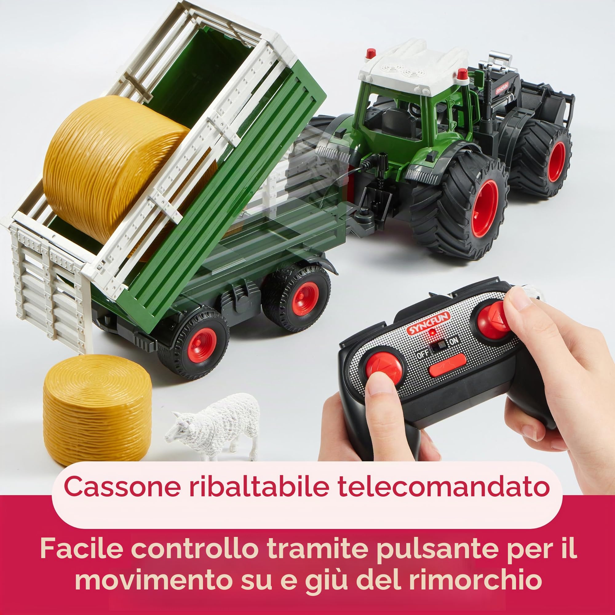 SYNCFUN Set di giocattoli trattore telecomandato grande veicolo agricolo con rimorchio, caricatore, luci e suoni