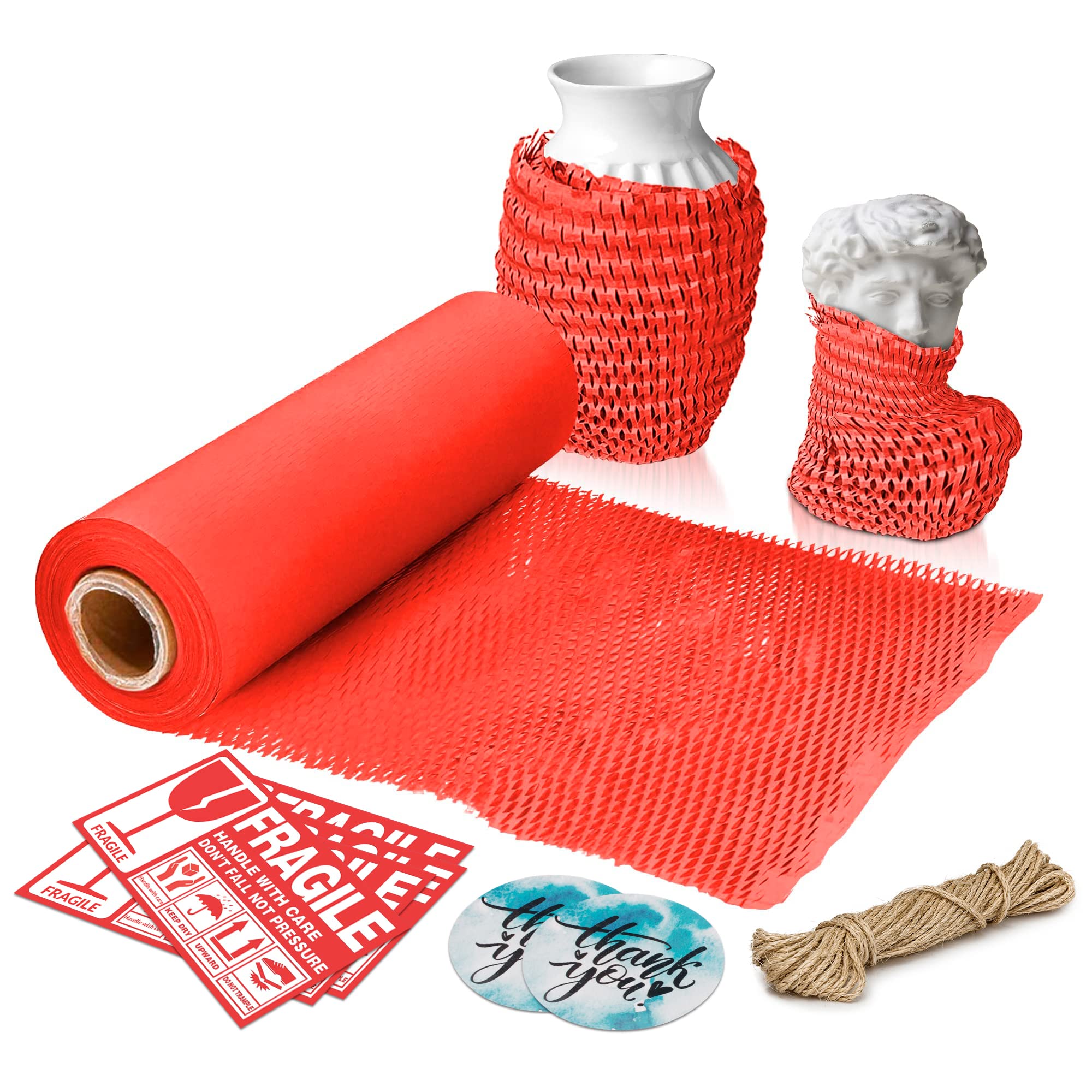 APQ - Papel de embalaje de panal rojo para mover objetos frágiles, 15 pulgadas x 100 pies. 1 rollo de papel de panal para embalar. Materiales de embalaje perforados para artículos frágiles. Envoltura