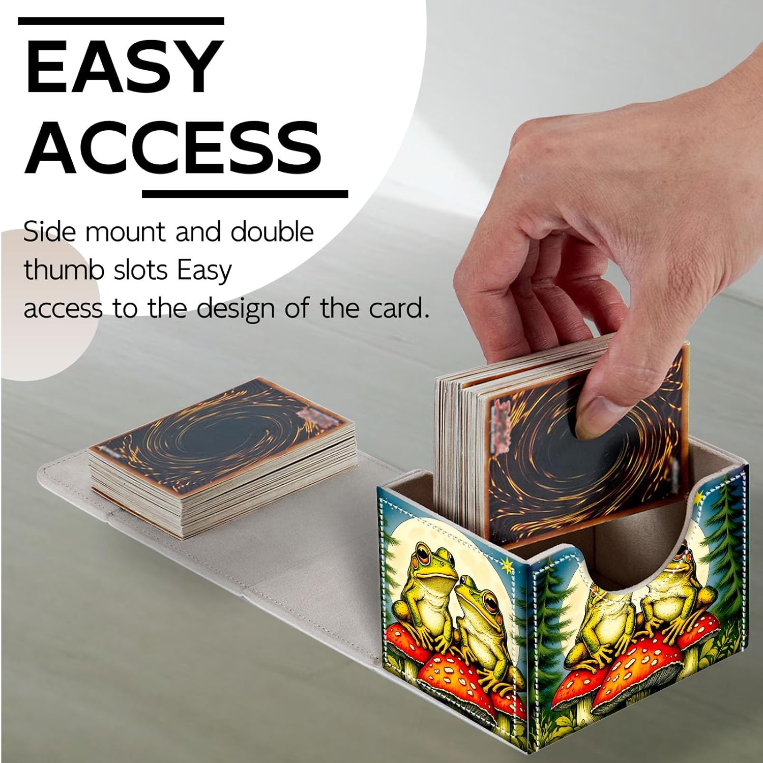 Trading Card Storage Box, Premium PU Leather with Magnetic Closure, Holds 100+ for MTG Cards, Frogs Sitting On Mushroom Durable Deck Box for Magic the Gathering, Trading Card Games