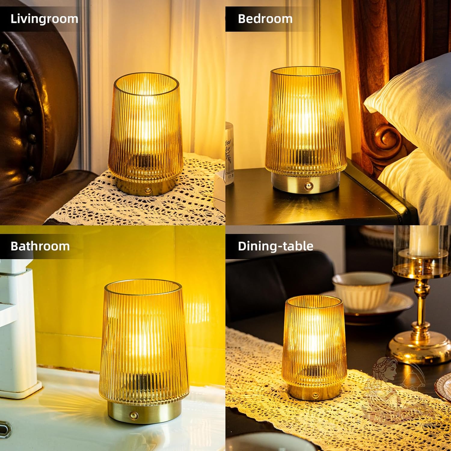 MJ PREMIER Cordless Lamps Rechargeable Glass Table Lamp Portable Dimmable Brightness Touch Battery Operated Lamp Cordless Beside Touch Lamp for Bedroom Kitchen Dining Bathroom Rechargeable Yellow