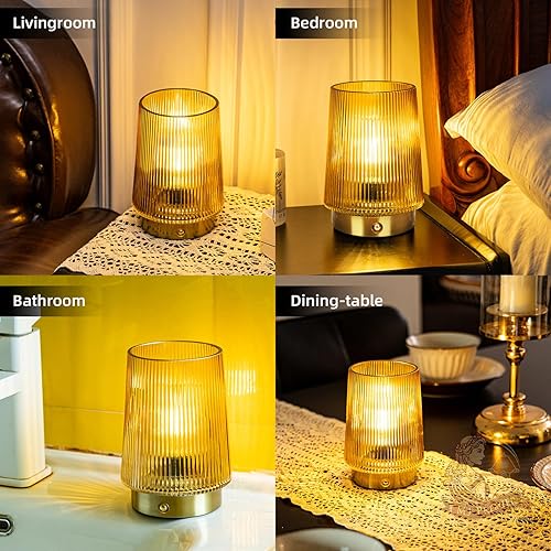 Miniatura 8 de MJ PREMIER Lámparas inalámbricas recargables de cristal, lámpara de mesa portátil, regulable, brillo táctil, funciona con pilas, lámpara táctil