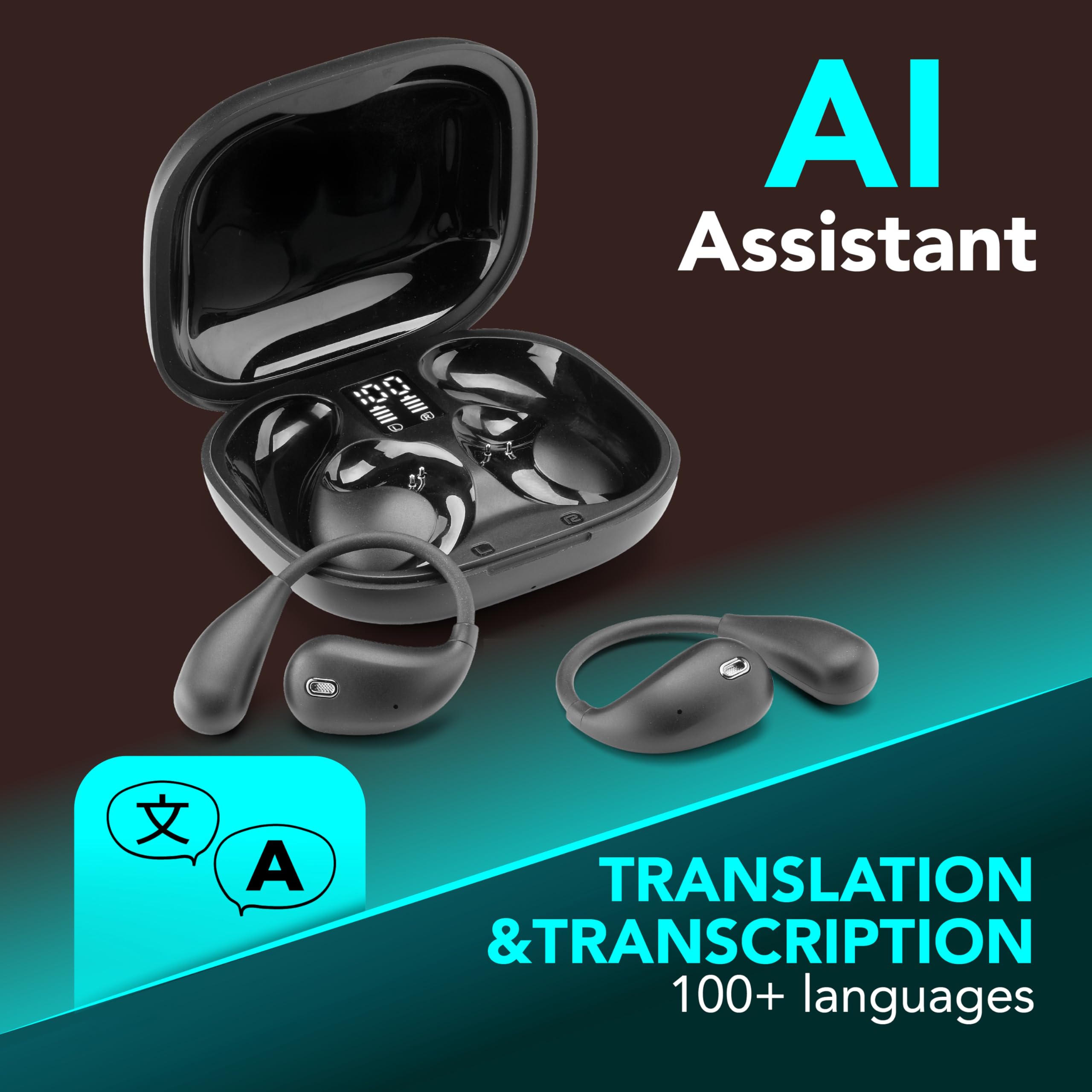 cellularline auricolari TWS NEBIT con assistente vocale, traduzione in tempo reale in oltre 100 lingue, trascrizione istantanea, riassunti IA, open-ear, display LED, nero