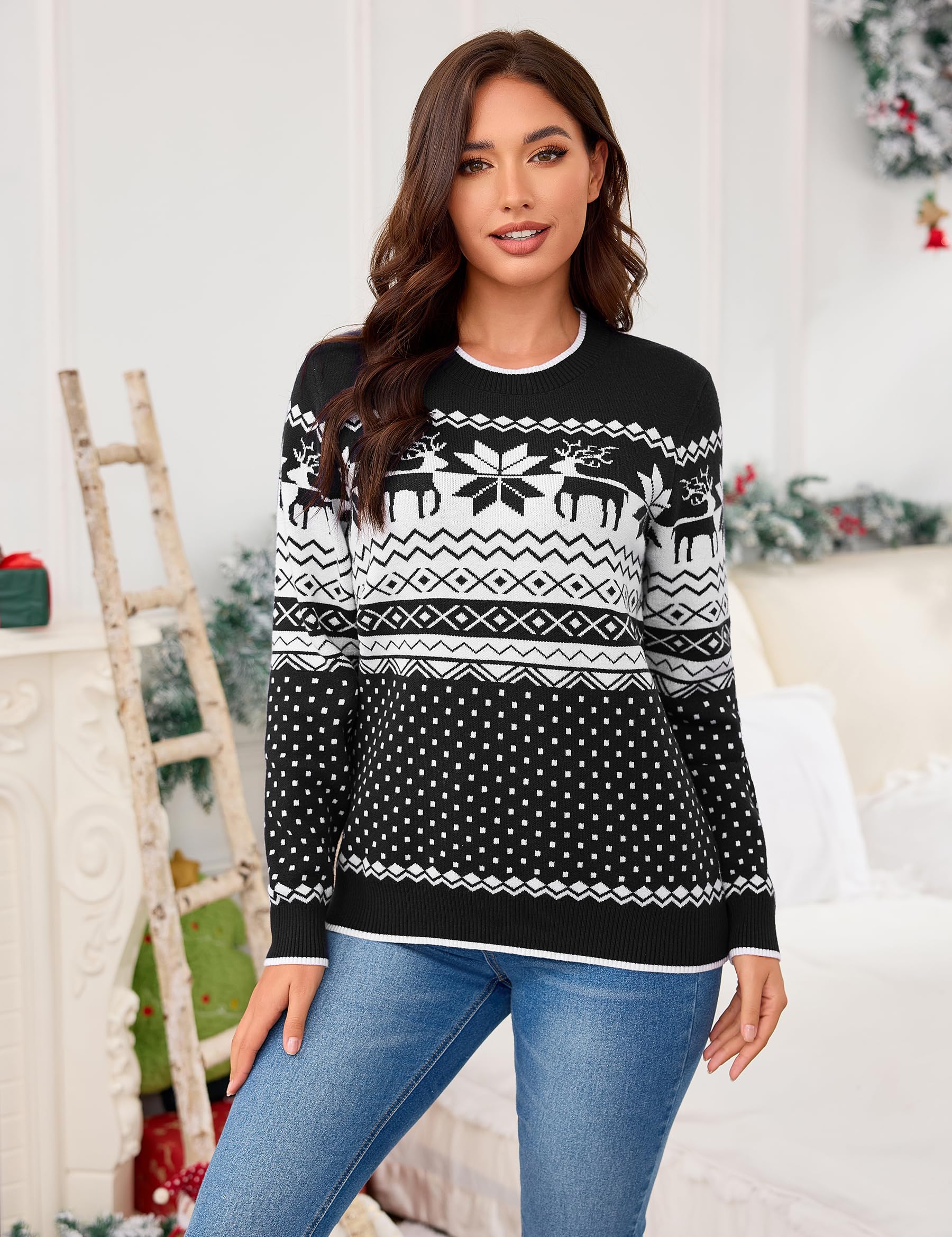 Pull de Noël Famille en Maille Col Rond Motif Renne | Motif renne et flocon, col rond et manches longues pour les fêtes, les soirées d’hiver et les cadeaux de Noël.