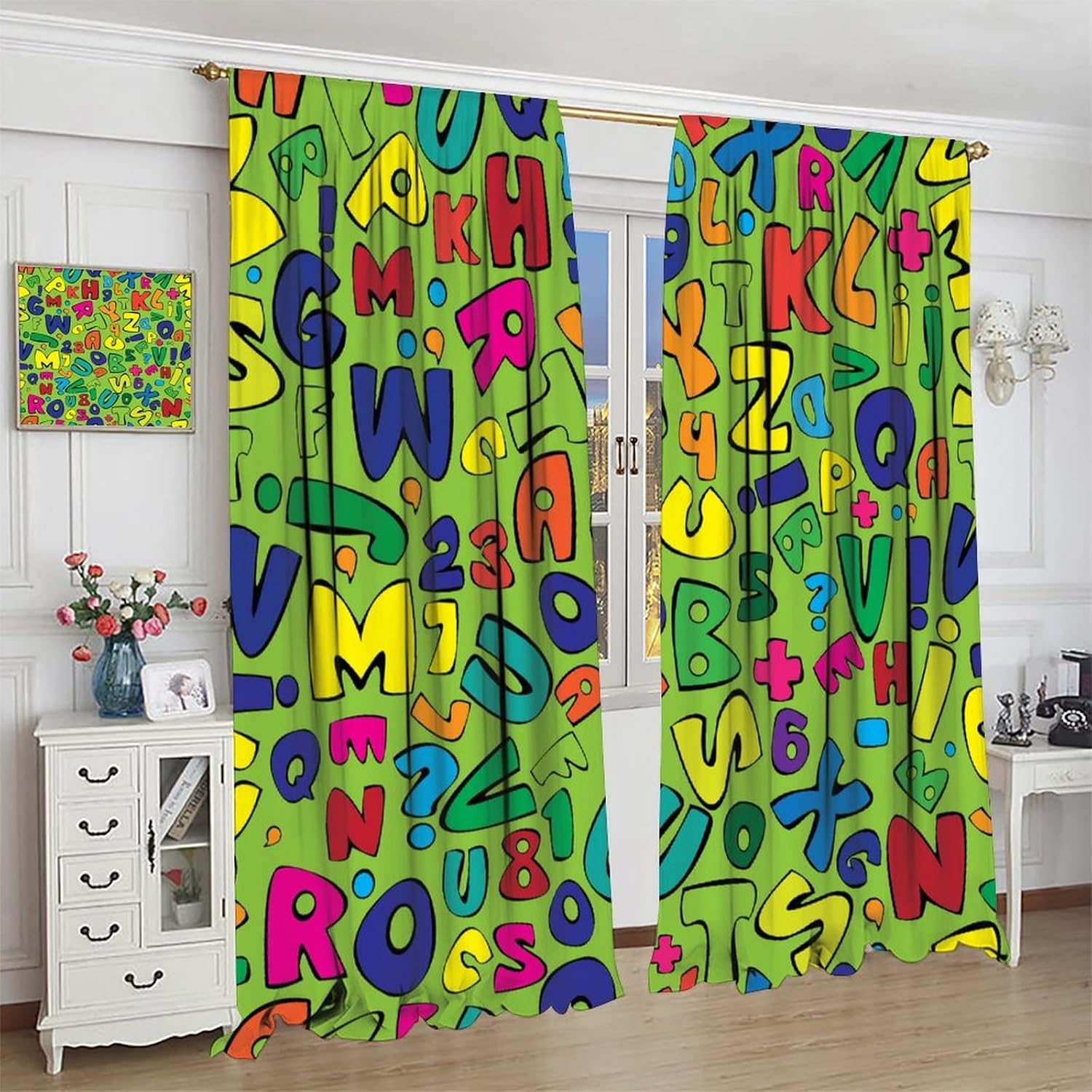 Kids Letters Curtains,Child Educational Alphabet Pattern Window Treatments for Living Room Bedroom Boys Girls Room Nursery Window Drapes 2 Panel Set Total Size 42" x 63"Green