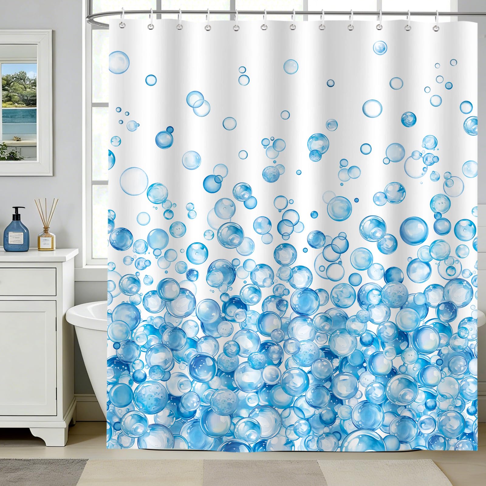 hometrixx Modern Long Shower Curtain Blue Ombre Bubble Bathroom Polyester Shower Curtains Machine Washable Waterproof Fabric with 12 Hooks, 180 x 200 cm