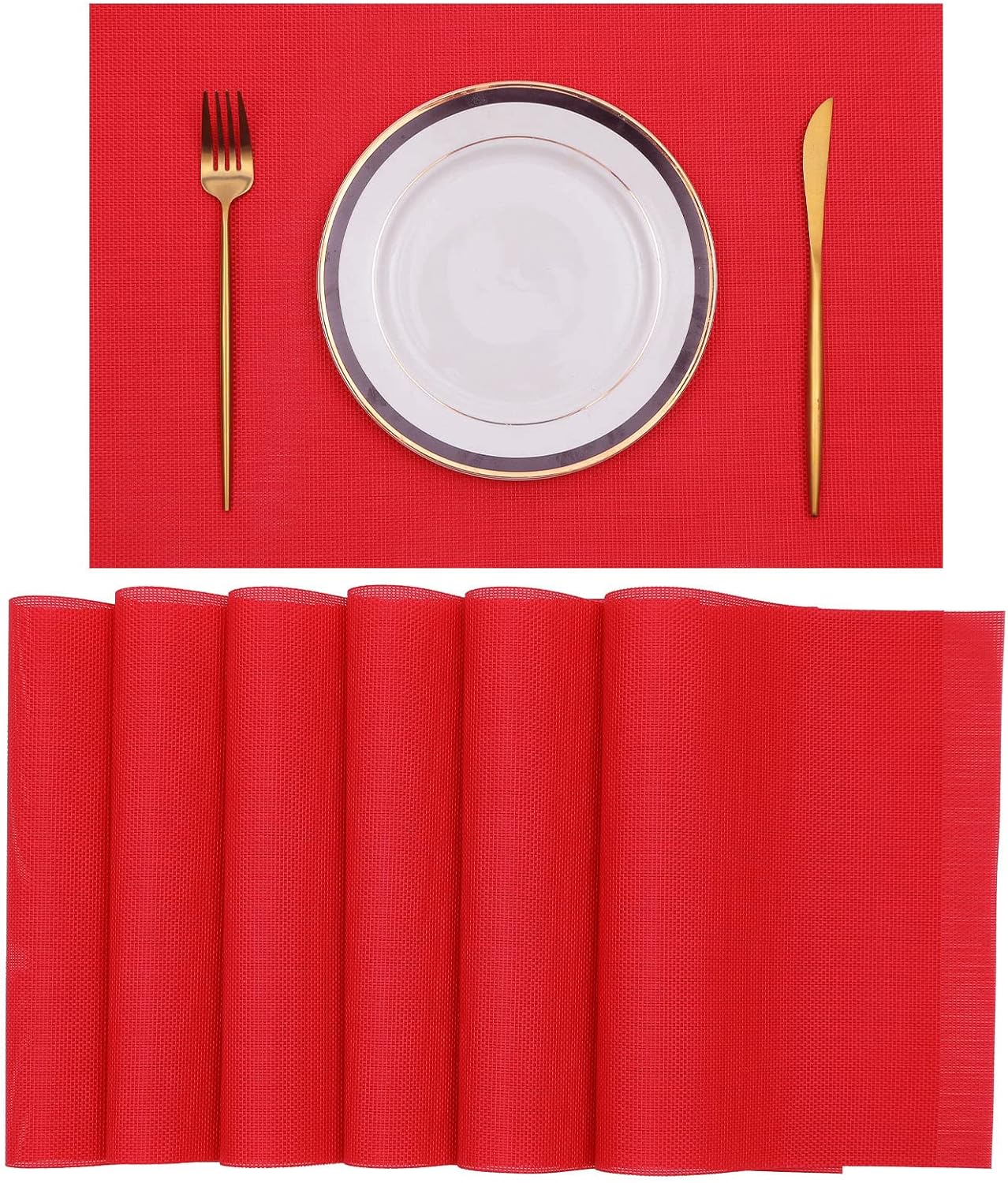 SHACOS Placemats Set of 6 Woven Vinyl Christmas Place Mats for Dining Table Wipe Clean Stain Resistant Table Mats Indoor Outdoor (6, Red)