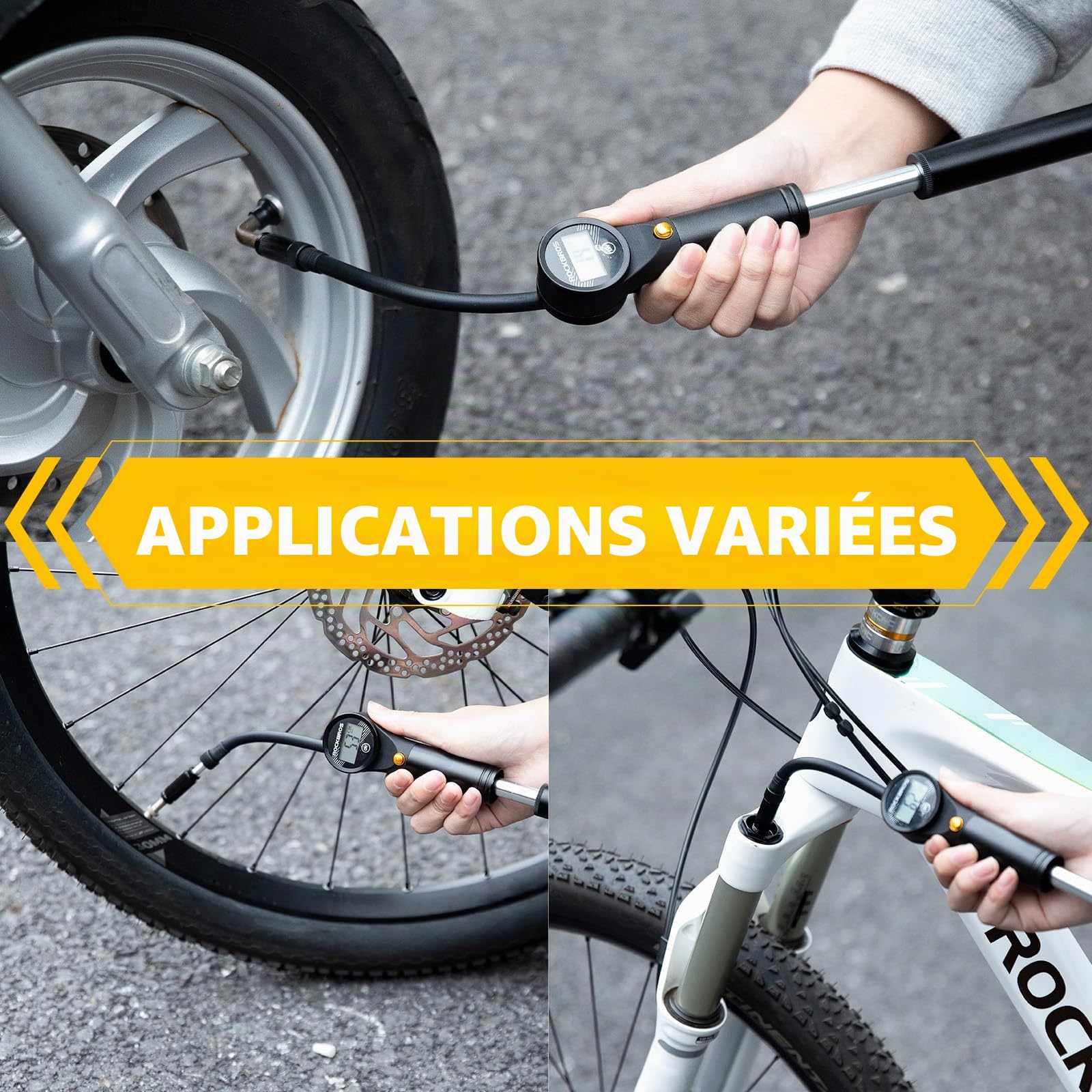 ROCKBROS Mini Pompe à Main Vélo Max. 320PSI Gonfleur Deux Temps Léger Valve Presta Schrader Manomètre Électronique Alliage d’Aluminium VTT Fourche Avant Vélo Trotinnete Électrique Basketball Noir