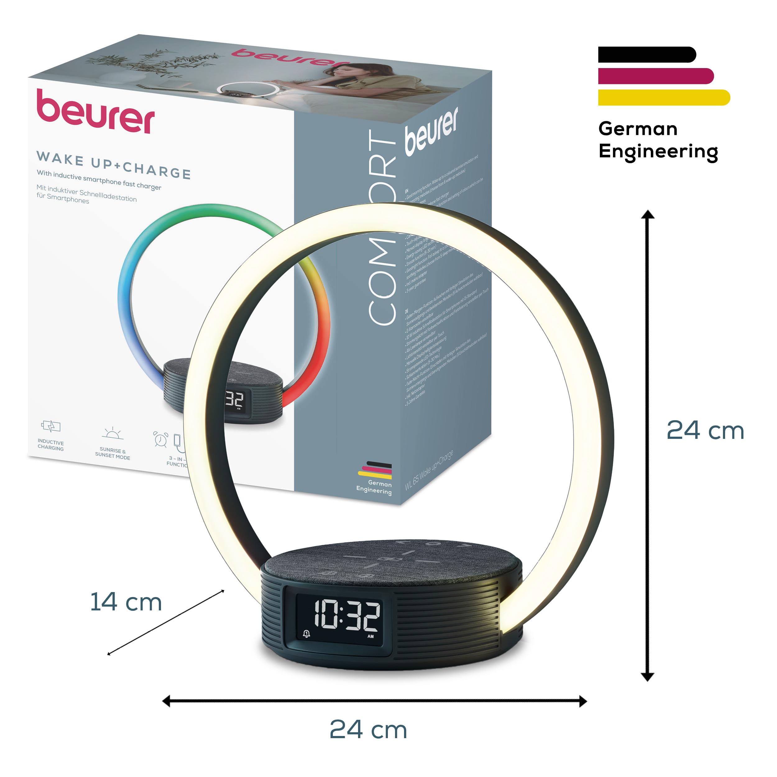 Beurer WL 65 Wake Up + Charge Lichtwecker, Nachttischlampe mit Ladefunktion für Smartphones, Wecker mit Simulation des Sonnenaufgangs für sanftes Aufwachen, dimmbares Nachtlicht mit Farbwechseloption