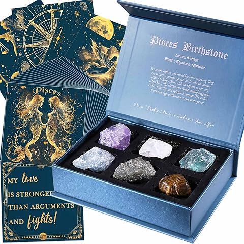 Faivykyd Crystals Pisces Gifts for Women, 50 Daily Affirmation Cards & 6 Natural Healing Crystals, Unique Birthday Gifts, Inspirational Spiritual Zodiac Gifts