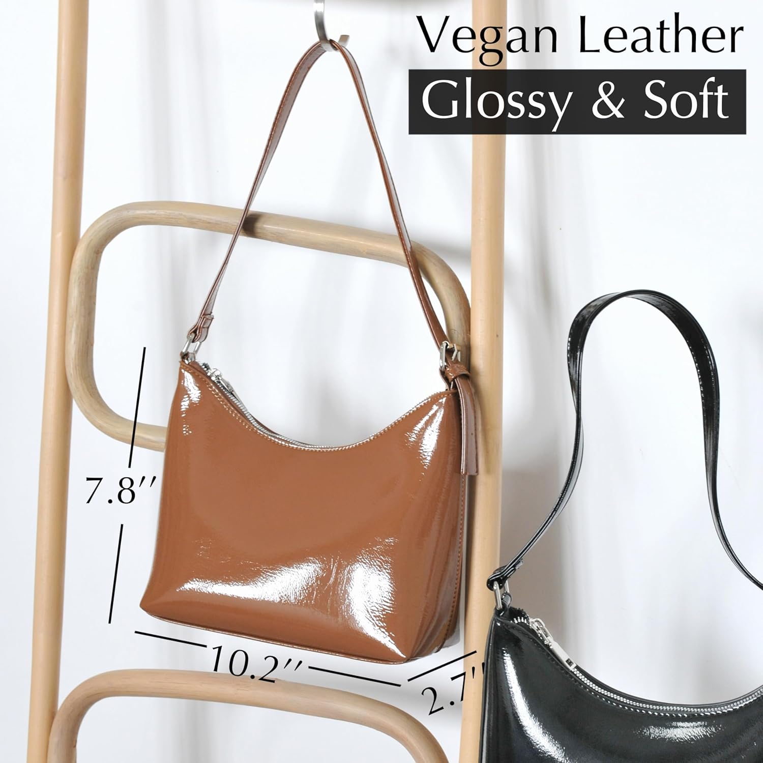 HOXIS Minimalist Faux Patent Leather Shoulder Bag Shiny Women Purse Y2K Style - Image 4