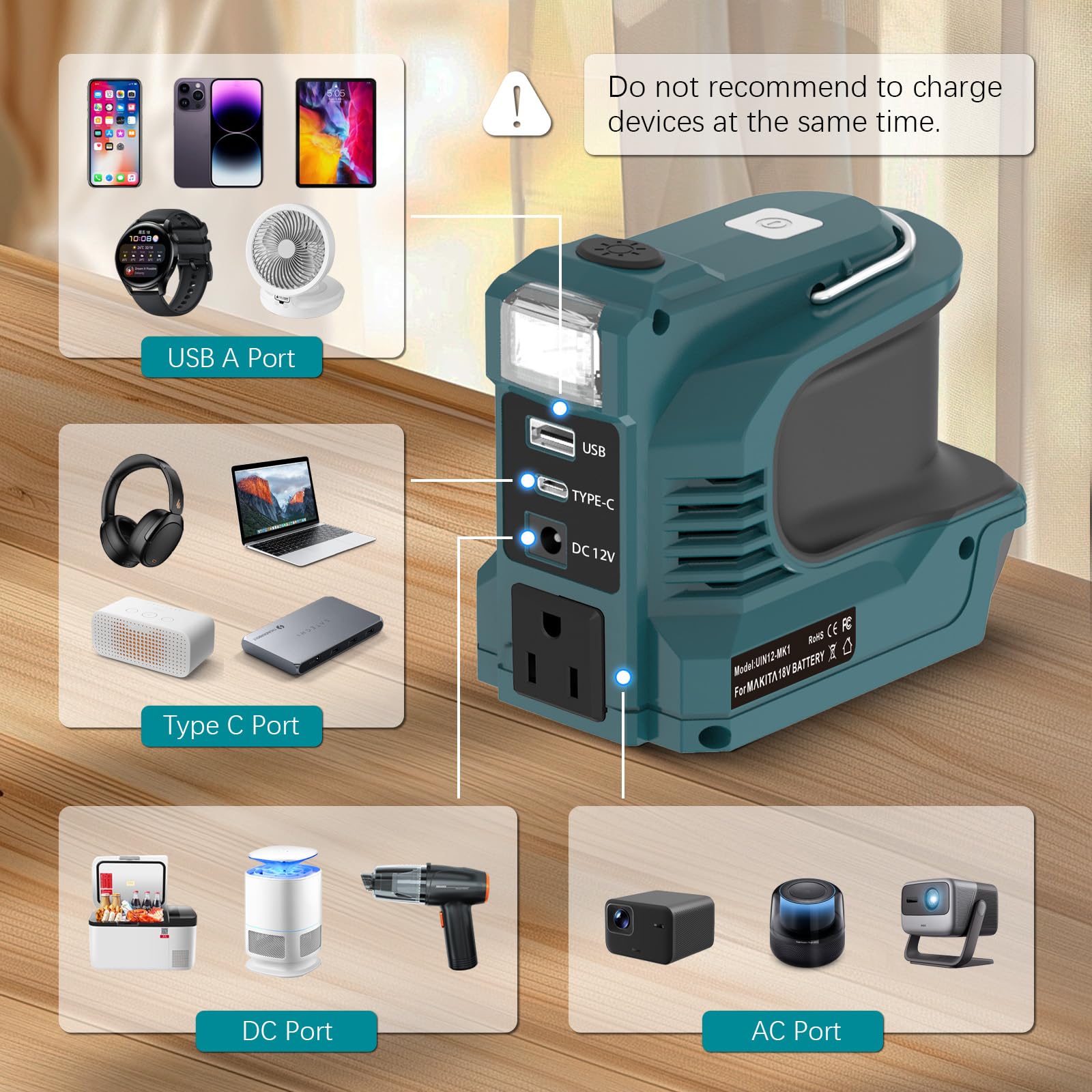 Inverter da 220 W per batteria Makita da 18 V, DC 18 V a AC 220 V, convertitore di tensione con USB QC3.0 tipo C PD connettore 12 V 5 A CC, uscita LED luce di emergenza