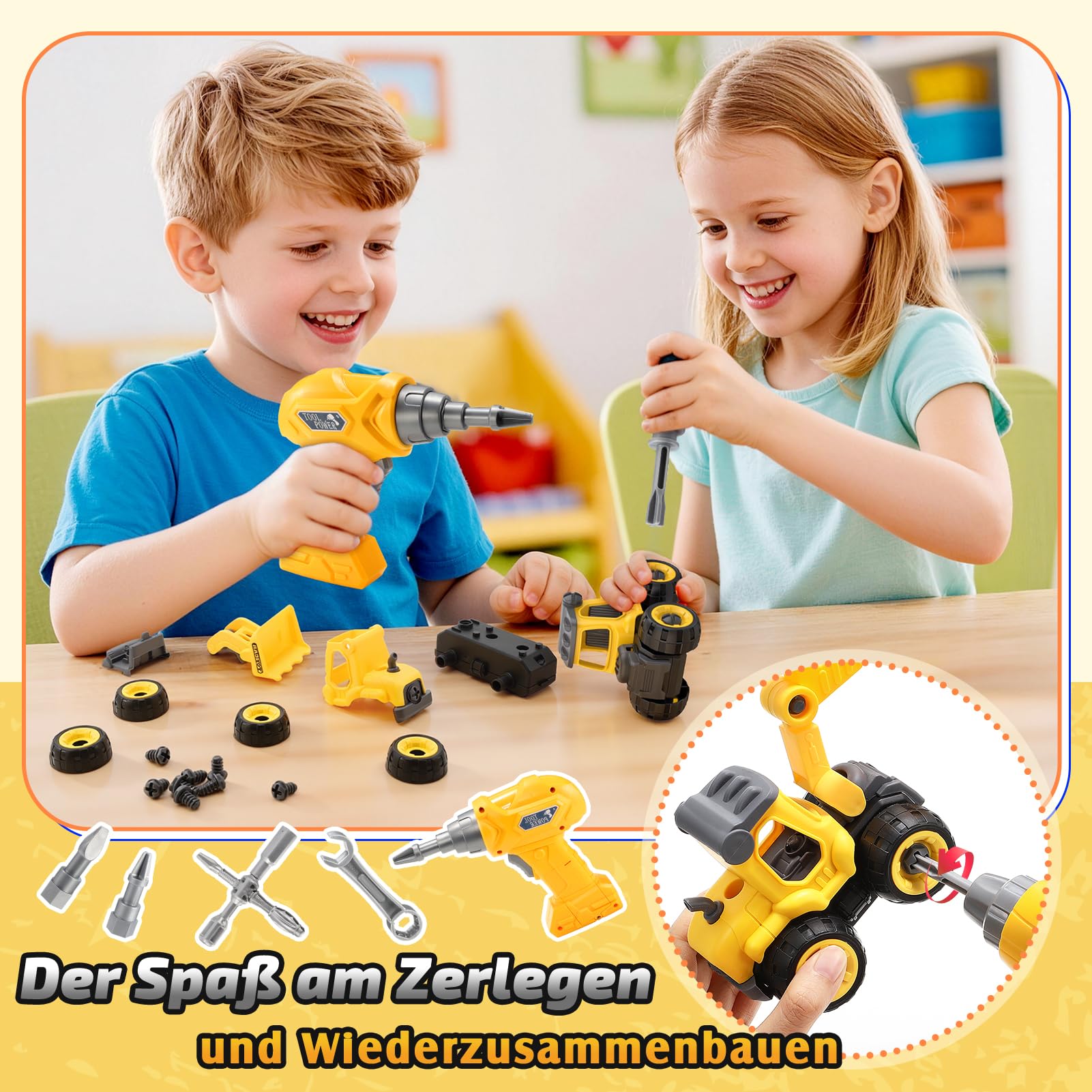 Naxudcoo Montageauto Spielzeug für Kinder ab 3 Jahren, Zerlegbarer Truck für Motorreparatur mit Licht und Sound, Akkuschrauber Kinderwerkzeug, Mechaniker Spielzeug, Geschenk für Jungen 3-6 Jahre