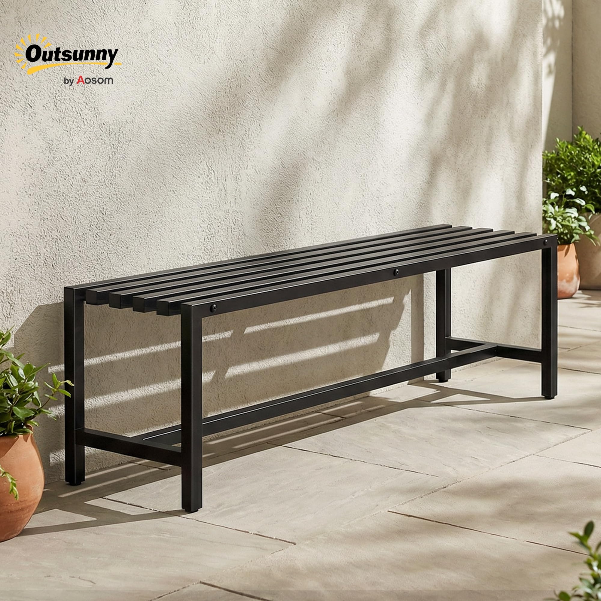Outsunny Panchina da Esterno in Acciaio Zincato, Panchina da Giardino per 2 Persone, Seduta Senza Schienale con Piedini Regolabili, Design Industriale Moderno per Patio, Parco, Giardino, Nero