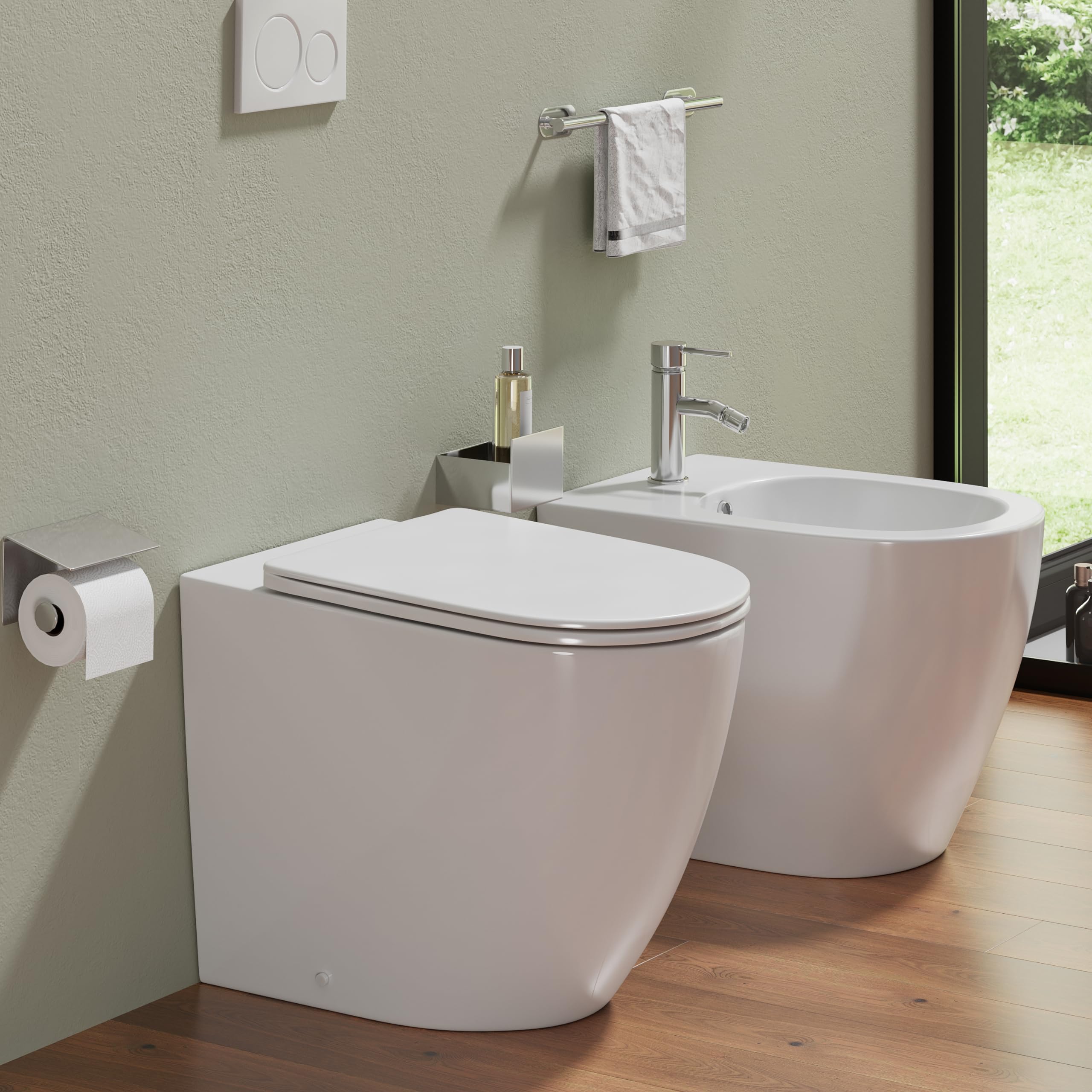 Sanitari filomuro comfort in ceramica bianco lucido vaso rimless h44,5 cm con copriwc soft-close e bidet Mod. Europa