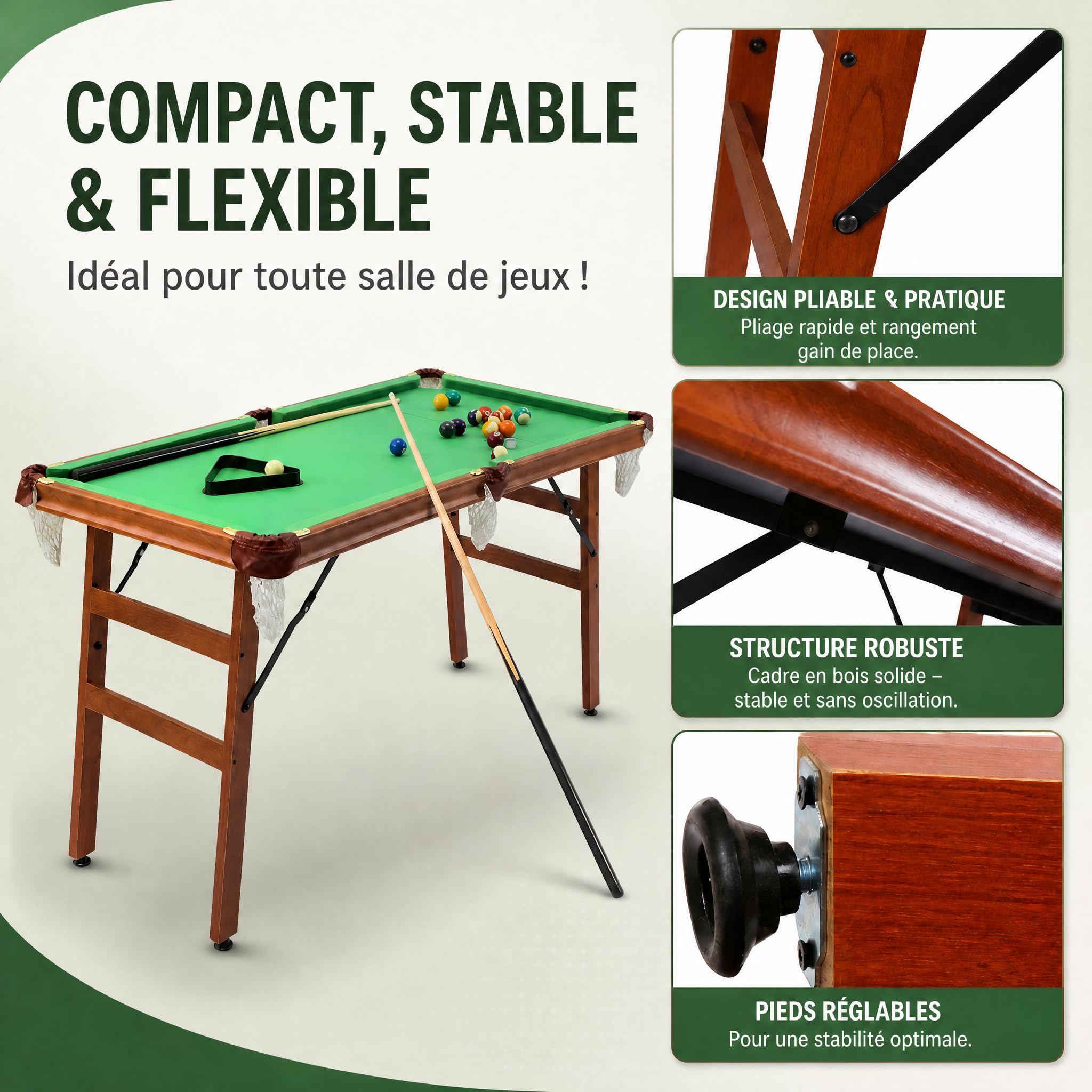 Table de Billard Pliable 140cm, Snooker Compact avec Accessoires