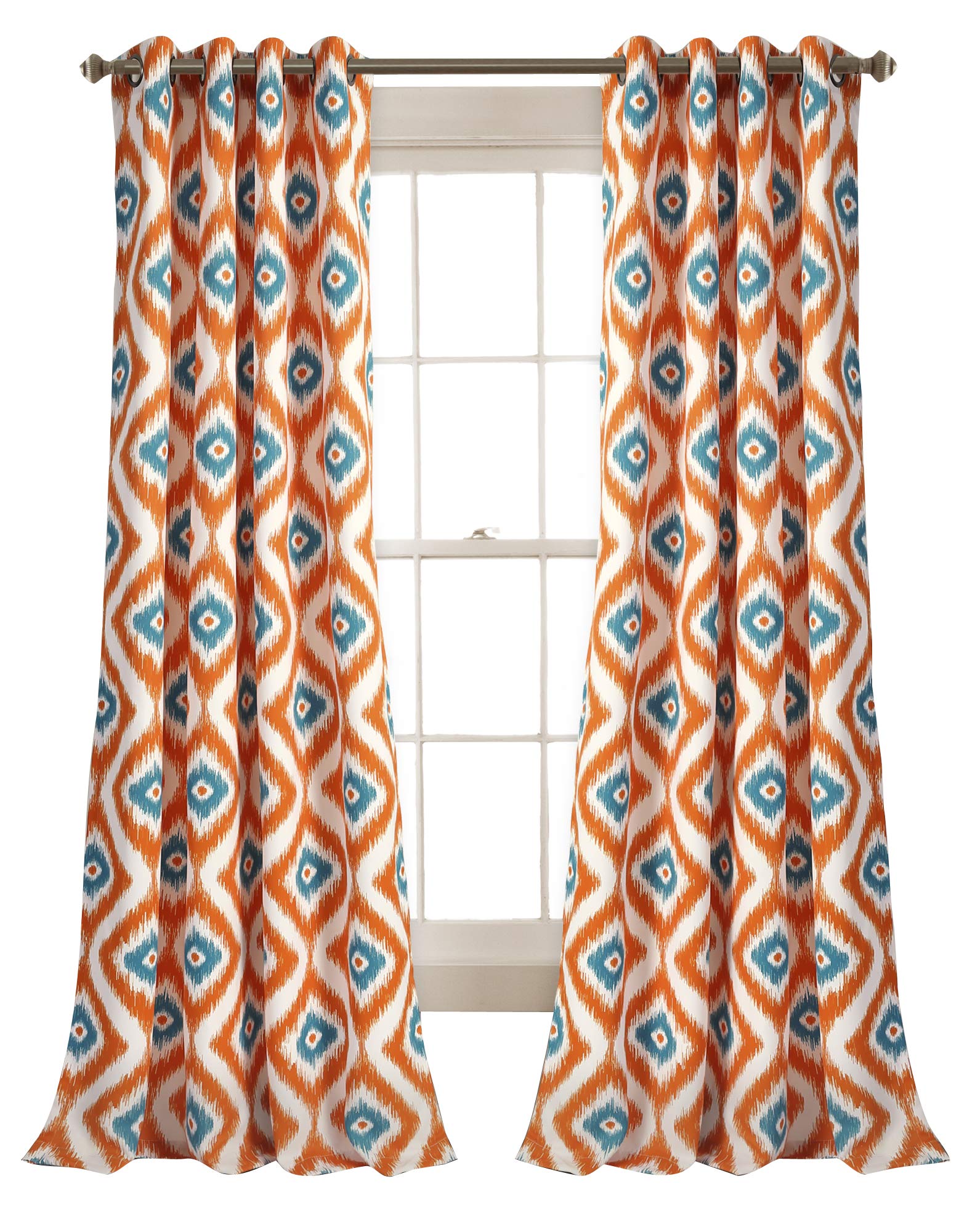 Lush Decor Diamond Ikat Curtains - Geometric Pattern Print Room Darkening Window Panel Set for Living, Dining, Bedroom (Pair), 84” x 52”, Turquoise Orange