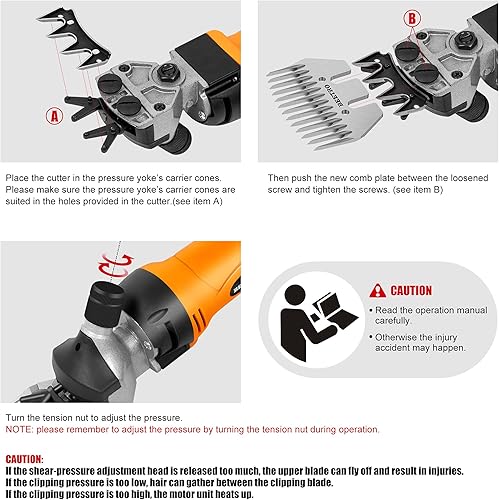 Miniatura 3 de BEETRO Tijeras de oveja profesionales eléctricas de 500 W, cortadoras de ovejas de 6 velocidades, con dos juegos adicionales de cuchillas