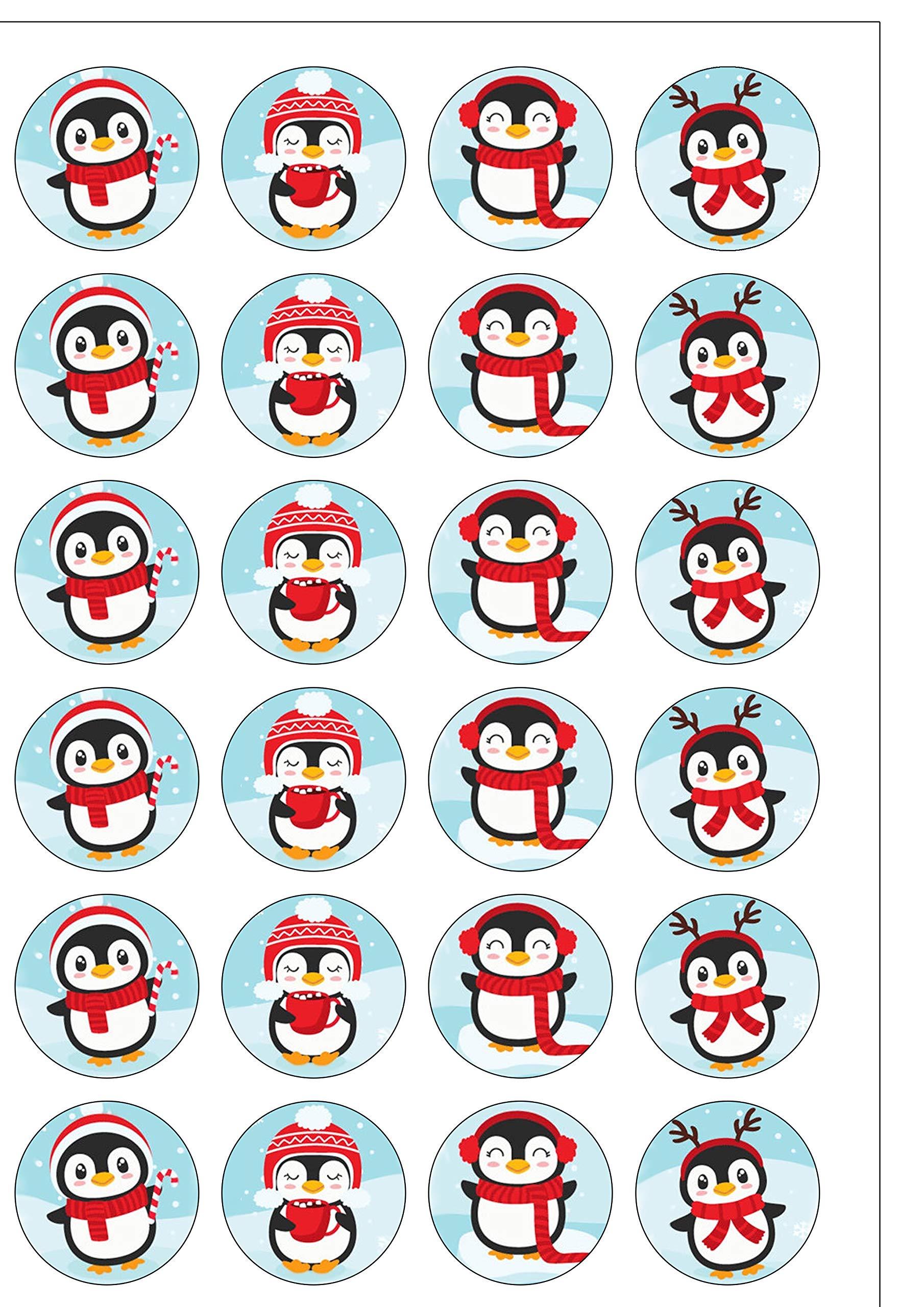 Buy 24 Precut 40mm Round Cute Christmas Penguins Edible Wafer Paper