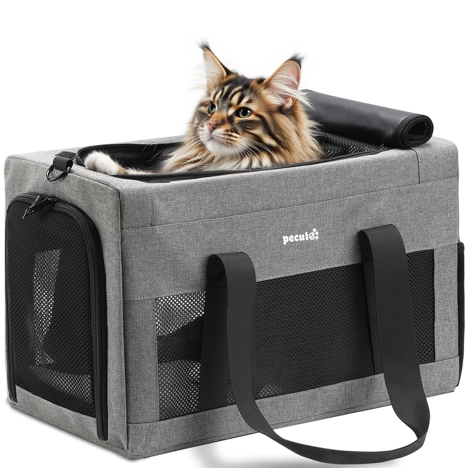 Pecute Trasportino per Gatti, Gabbia Con Struttura in Metallo, Non Facile da Deformare, Adatto per Viaggi Lunghi e Brevi, XL, Grigio