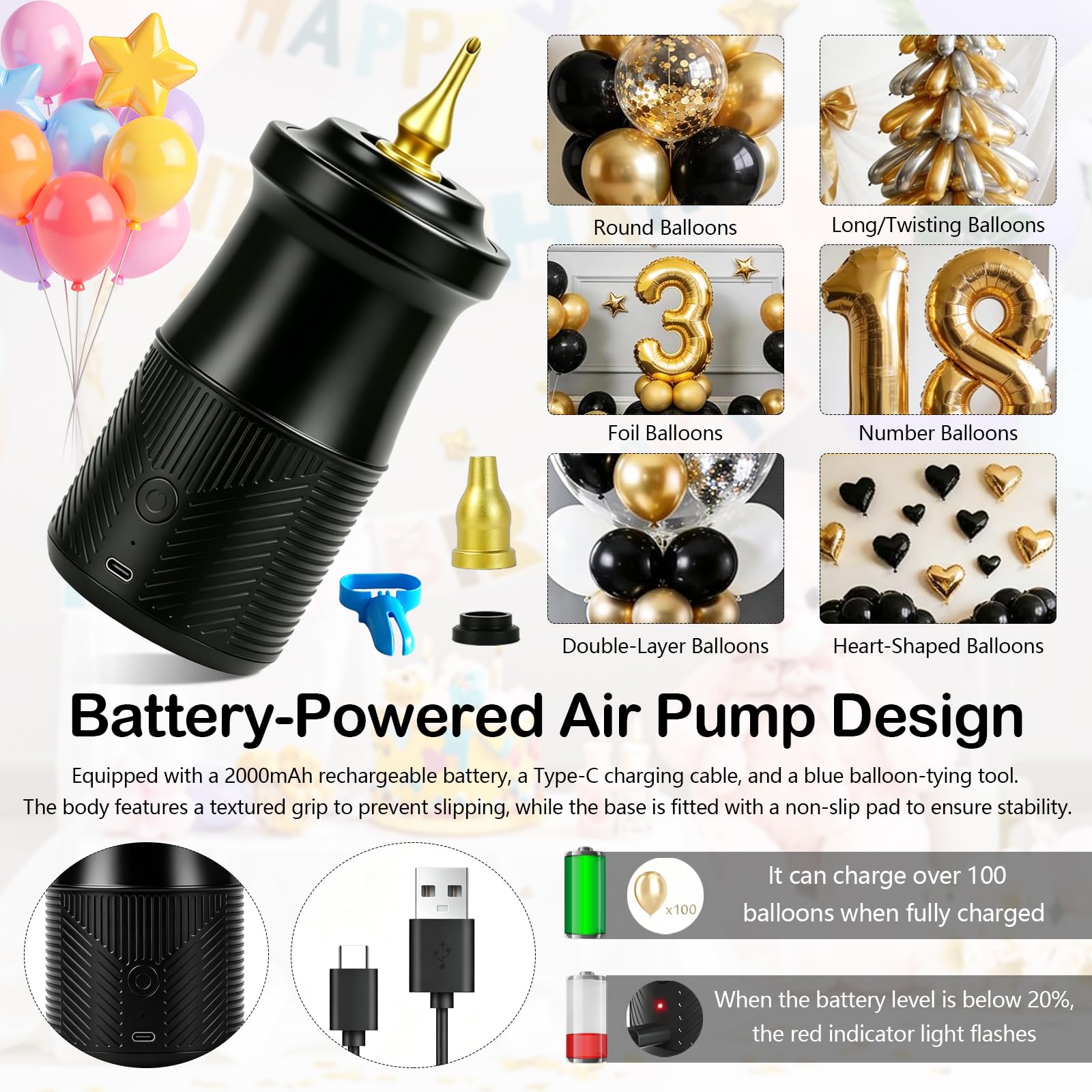 Inflador Globos Eléctrico Portátil, Hinchador Globos Electrico con Batería de 2000 mAh y 3 Boquillas, Bomba Aire Globo Eléctrica para Fiestas Bodas Cumpleaños Actividades y Decoración Festivales