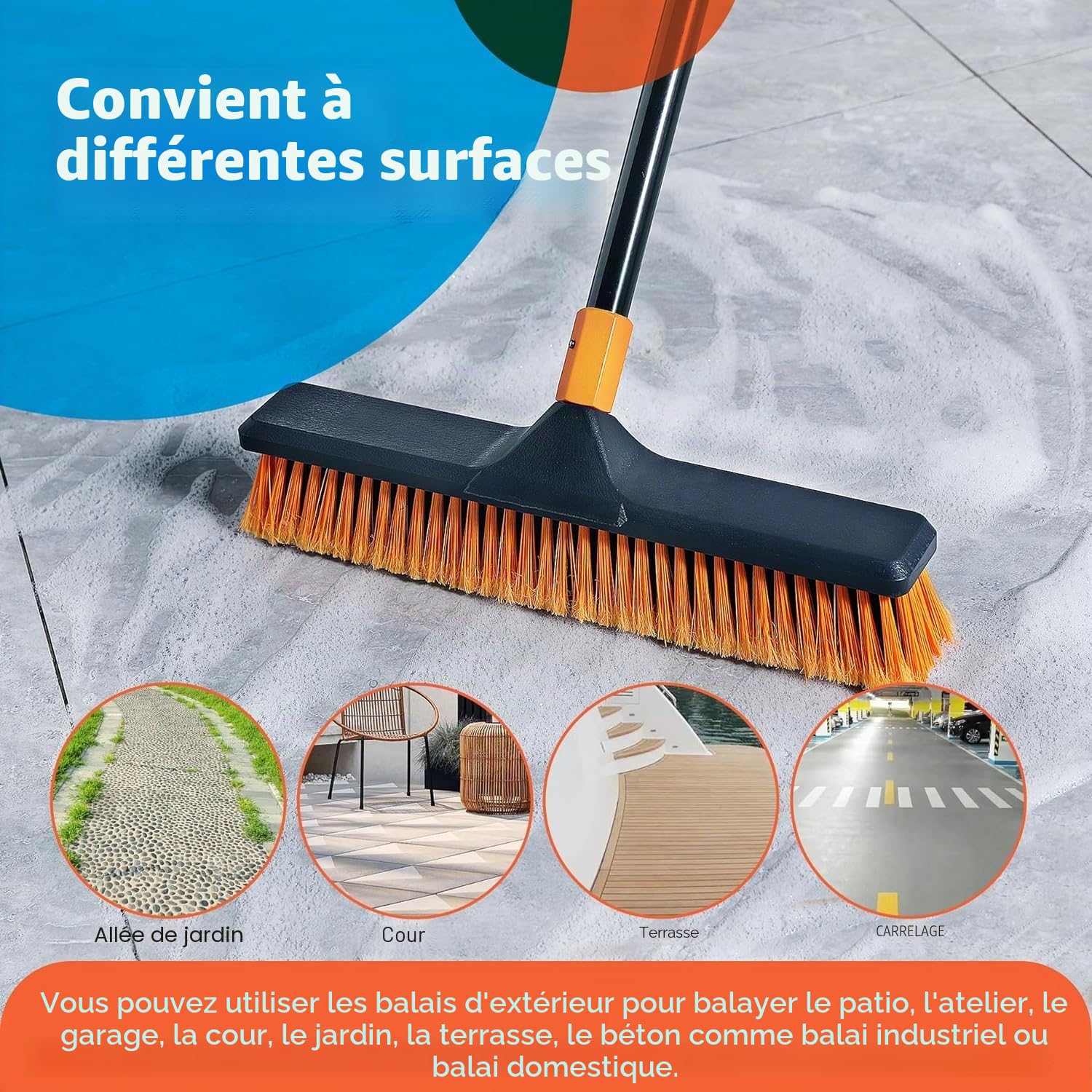 Balai de jardin d'extérieur très résistant, brosse pour gazon artificiel 2-1 CLEANHOME 45,7 cm, convient pour les jardins, usines, écoles, cour brosse robuste d'extérieur (orange noir)
