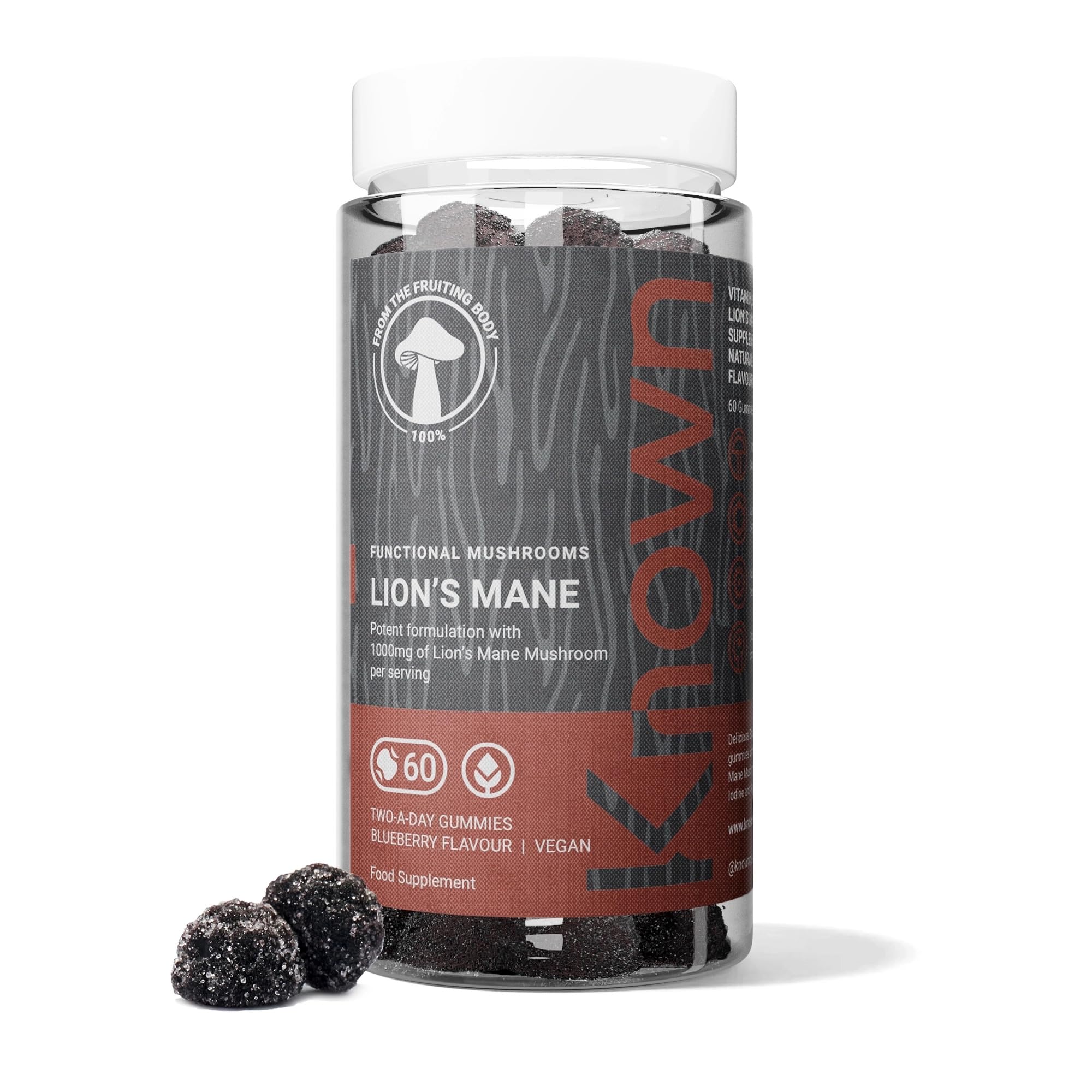 Known Tasty Lion’s Mane Plus Gummies - 1000mg Lion’s Mane, Iodine, Niacin - Cognition - Natural Blueberry Flavour - 60 Vegan Gummies, 1 Month Supply